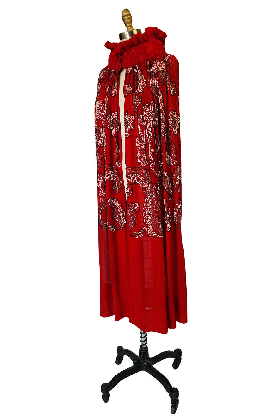 1920s House of Adair Densely Beaded Red Silk Cape