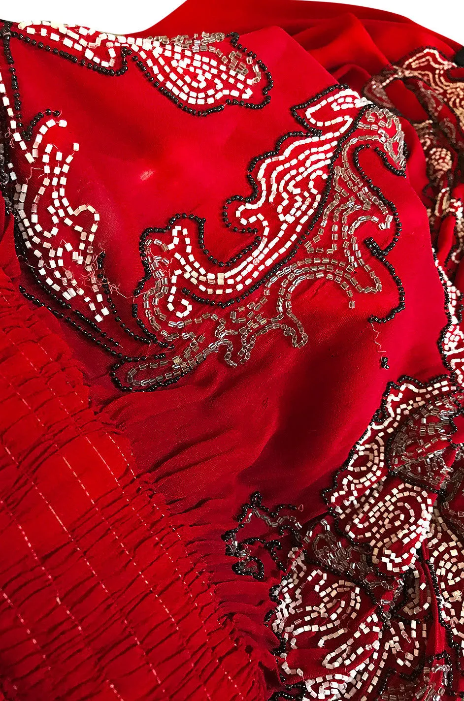 1920s House of Adair Densely Beaded Red Silk Cape