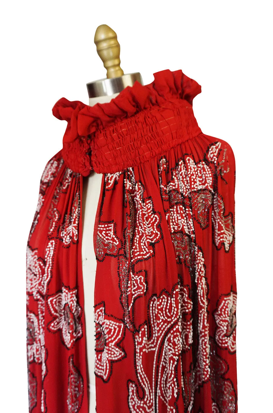 1920s House of Adair Densely Beaded Red Silk Cape