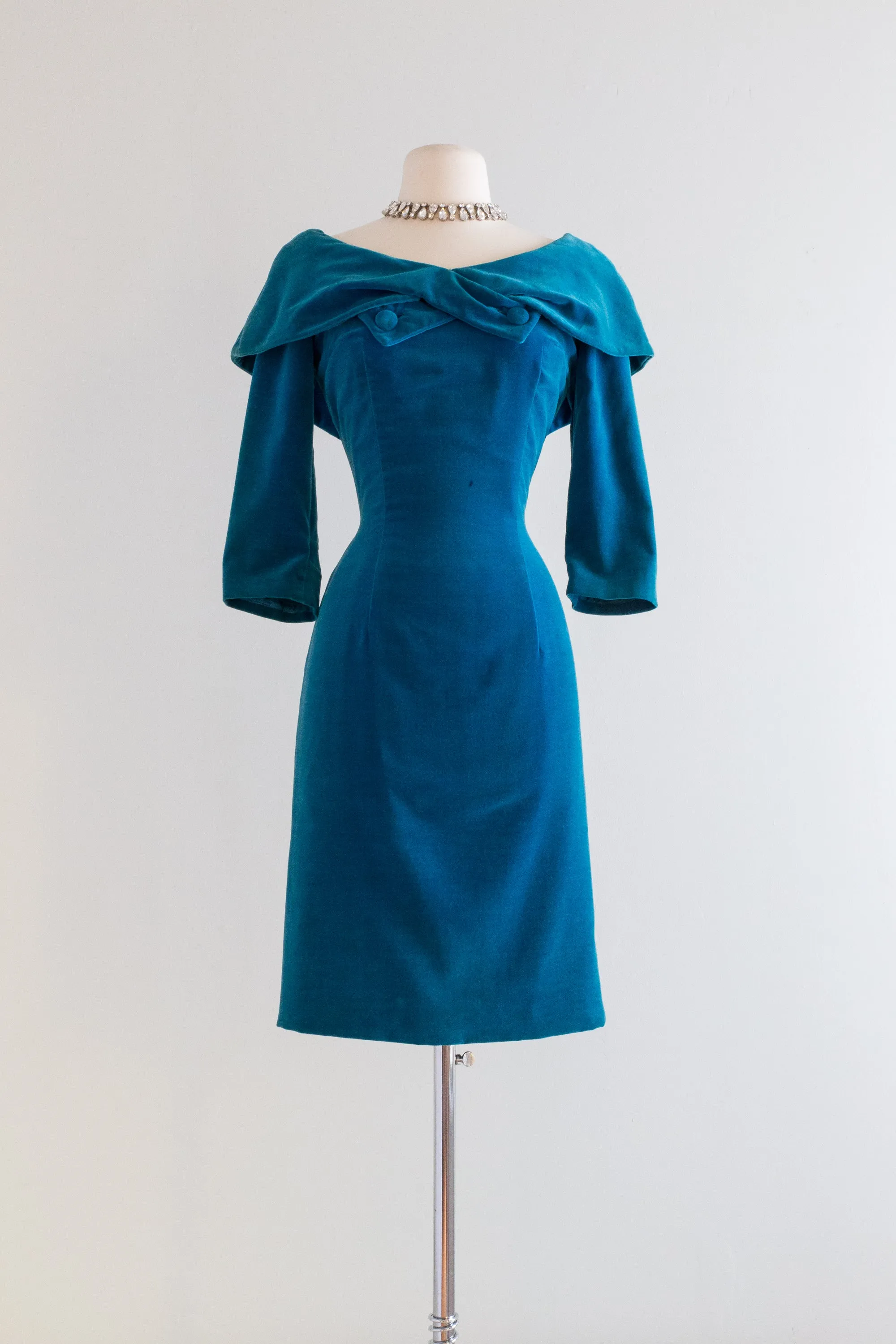 1950's Suzy Perette Aqua Velvet Wiggle Dress / Small