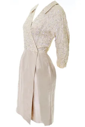 1960s Cream Silk Vintage Faux Wrap Dress w/ Beading & Sequins