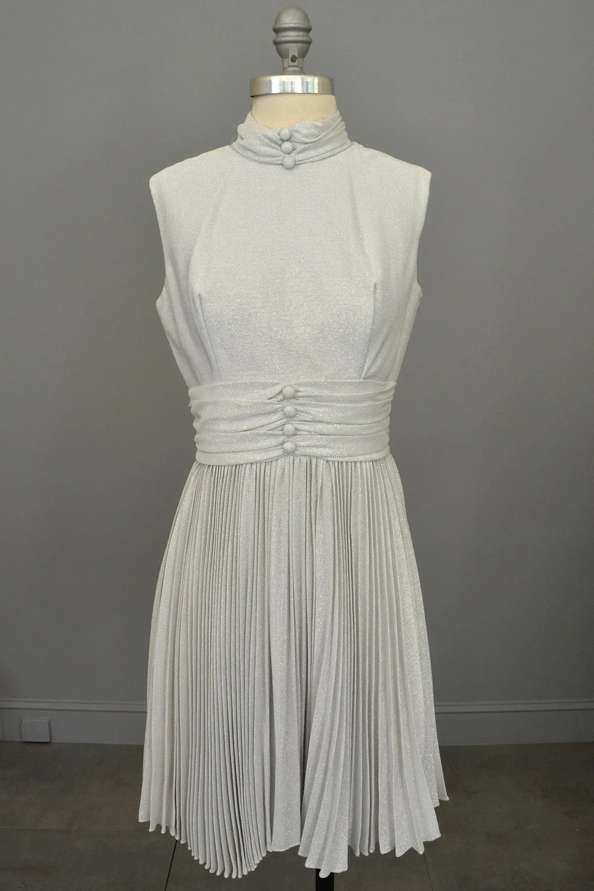 70s Silver Metallic Lurex Pleated Mini Party Dress