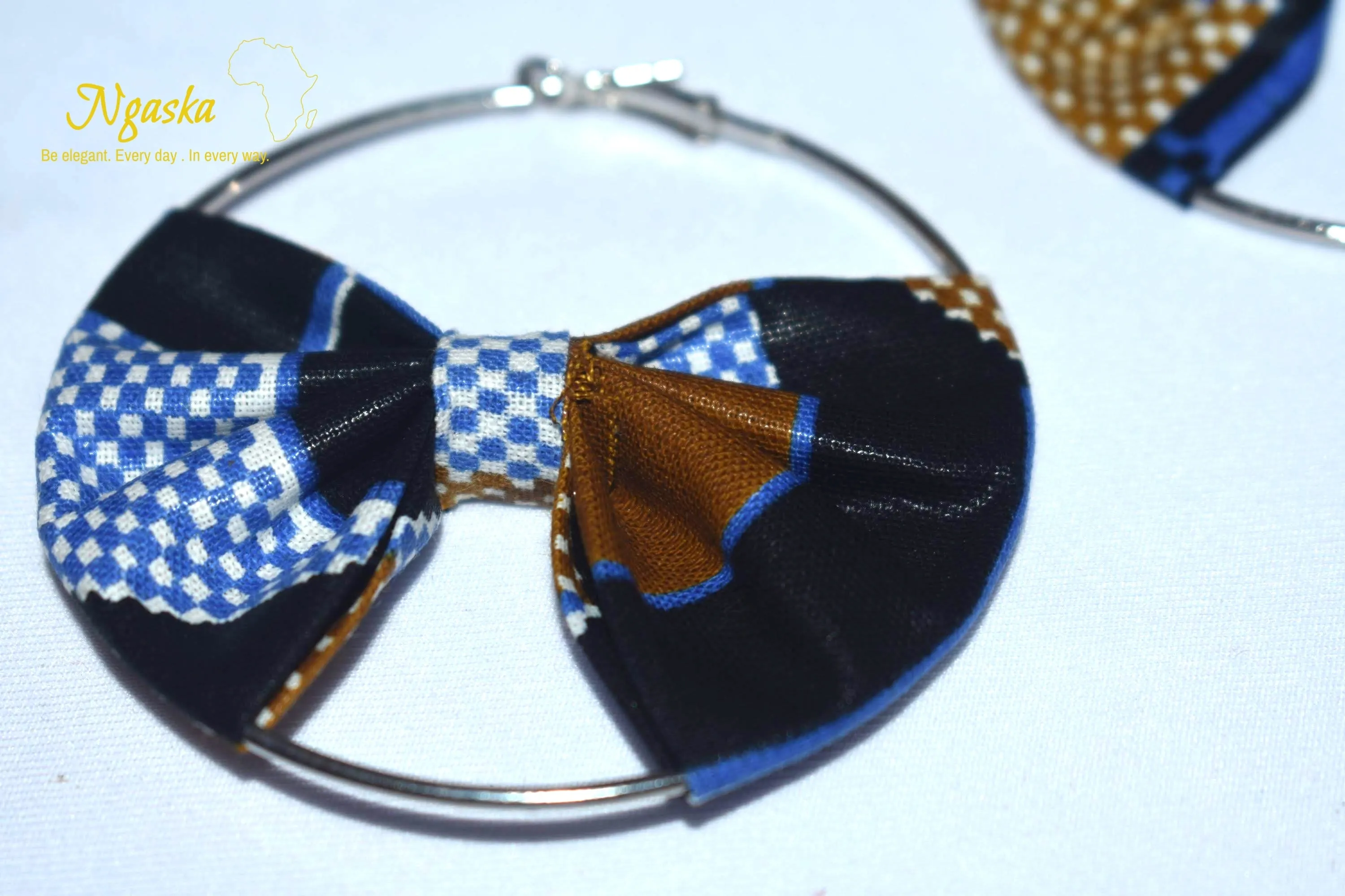 African Print Creole Hoop Earrings, Blue and Mustard - ER28