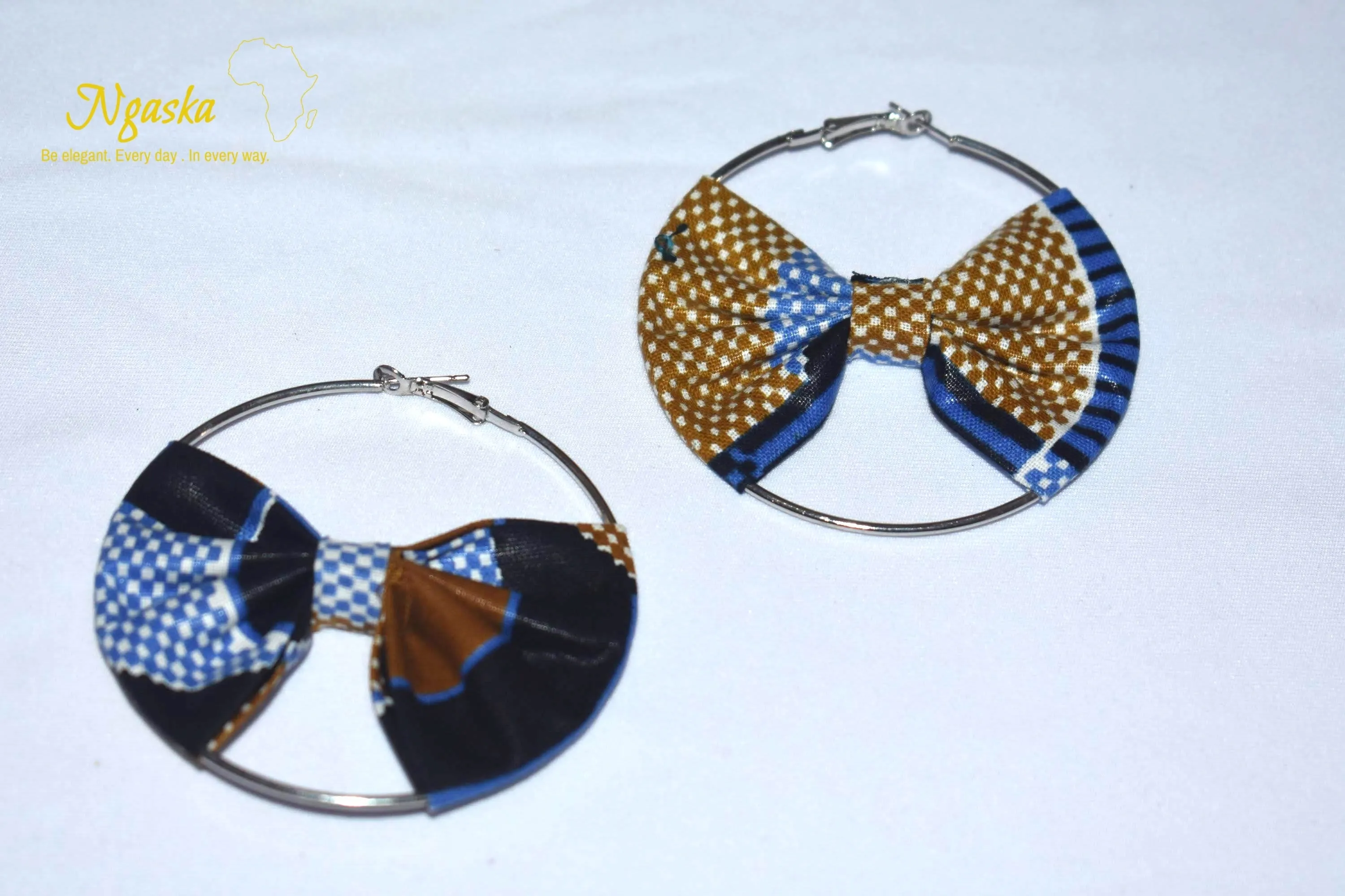 African Print Creole Hoop Earrings, Blue and Mustard - ER28