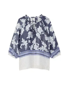 Anita Tie Neck Peasant Blouse | Azure Blue / White