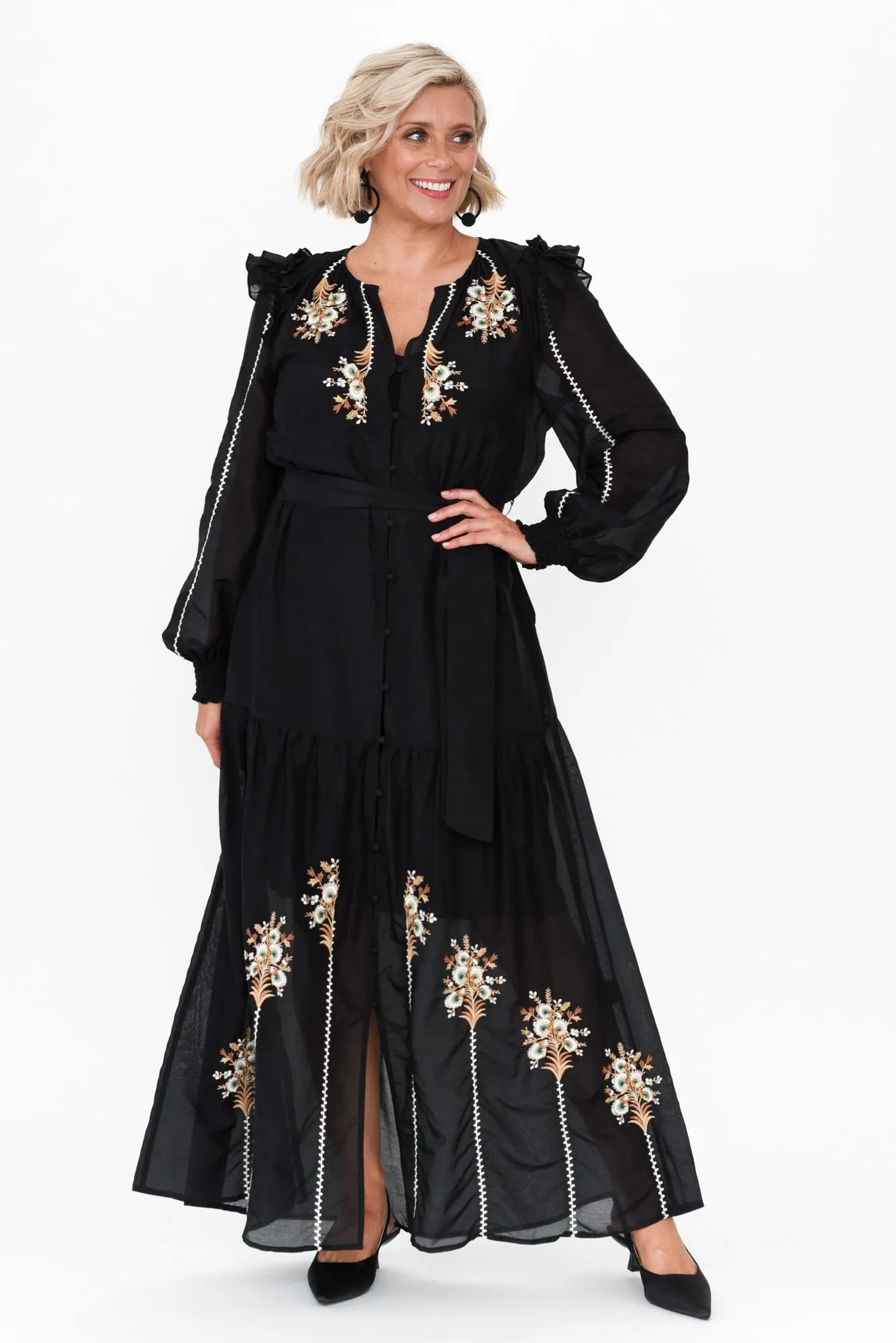 Aquila Black Embroidered Cotton Silk Dress