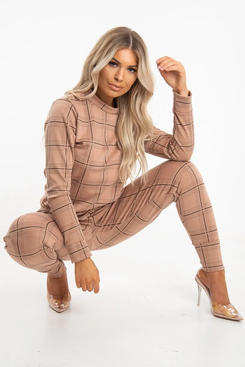 Beige Check Sweatshirt Joggers Loungewear Set - Mica