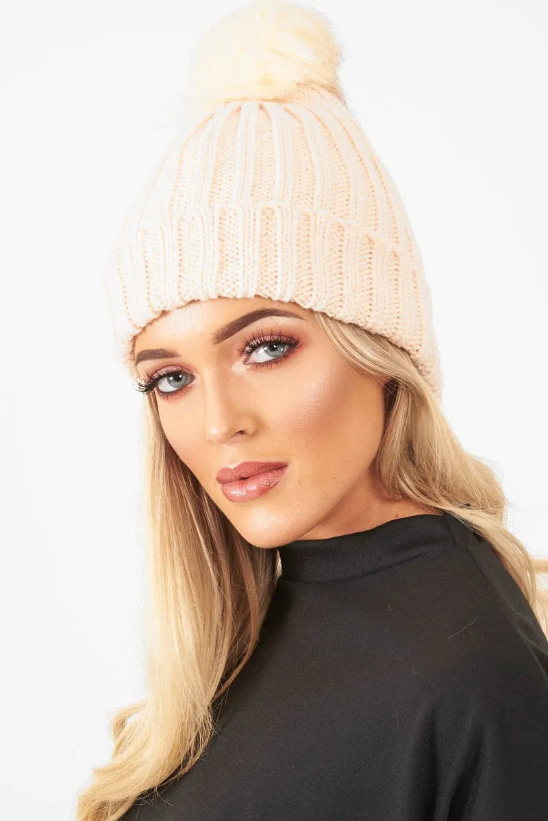 Beige Knitted Bobble Hat - Rorey