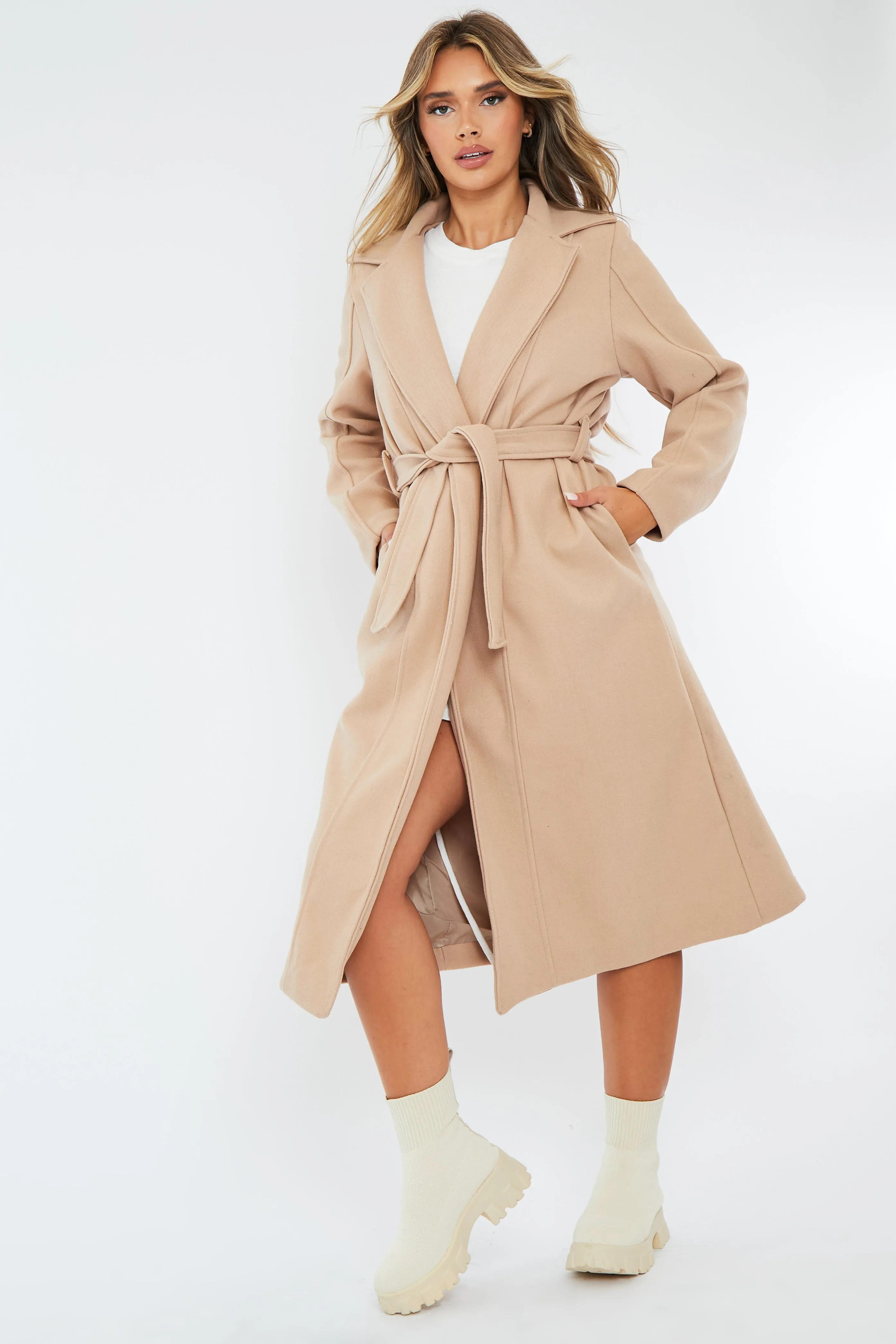 Beige Longline Belted Tailored Coat - Syma