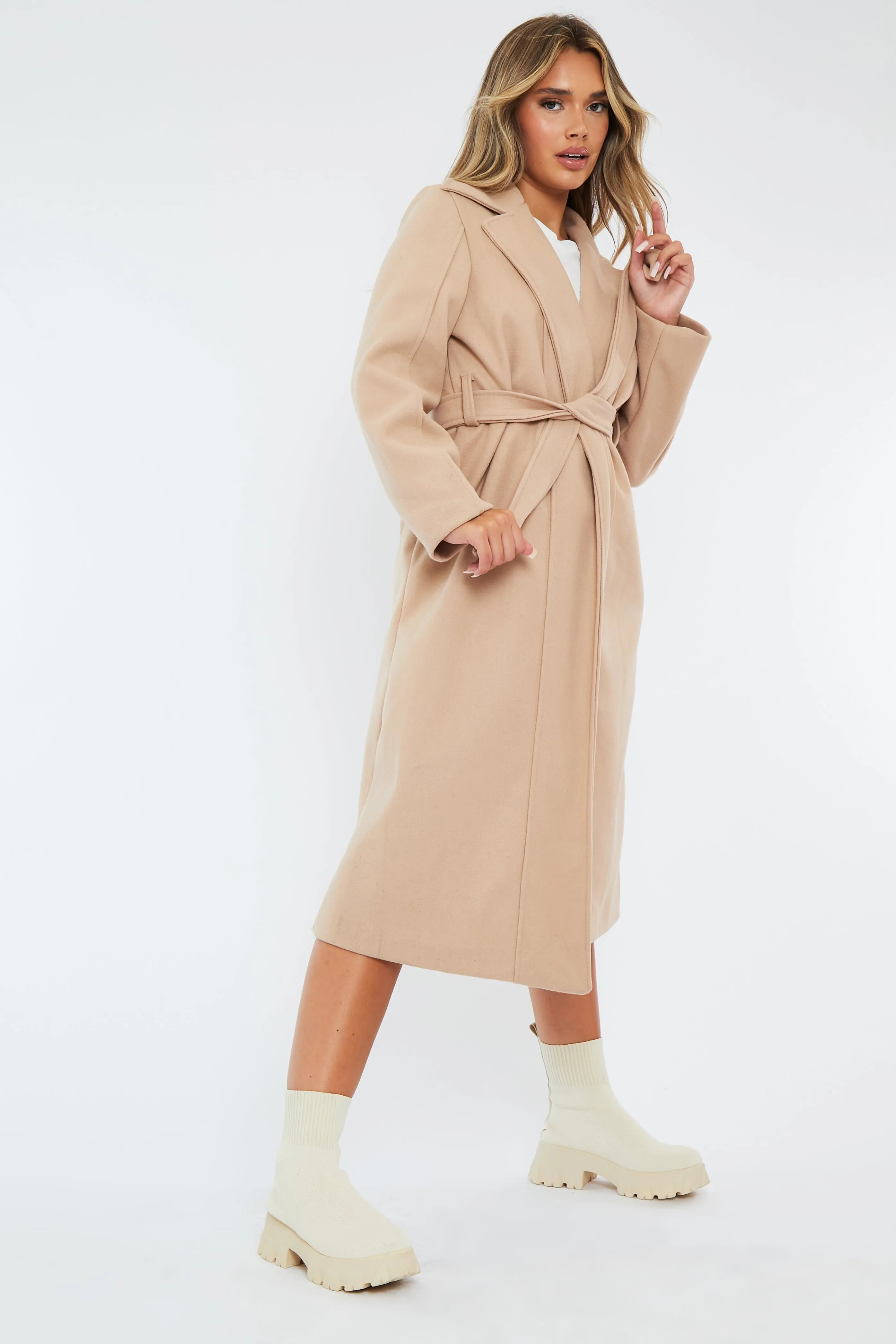 Beige Longline Belted Tailored Coat - Syma