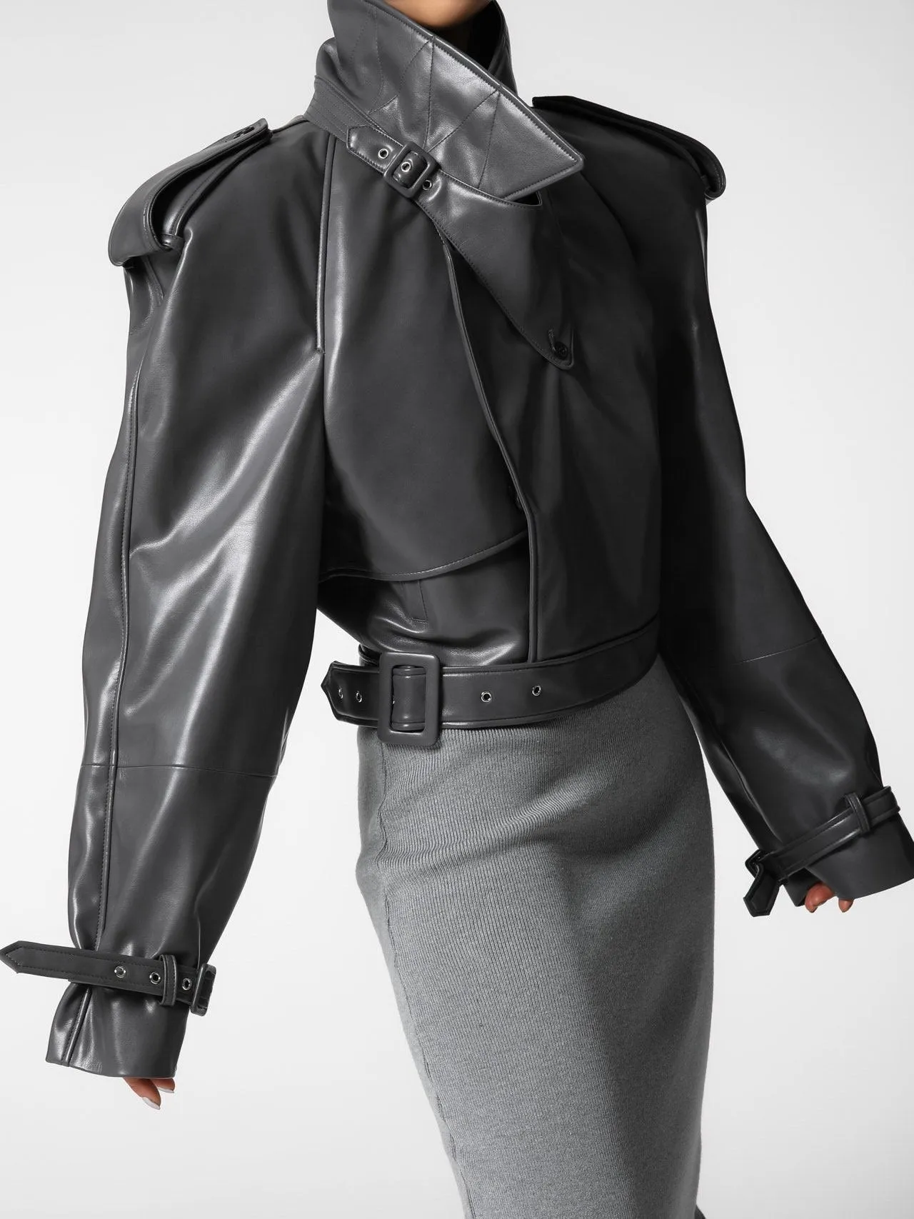 BELTED CHUNKY CROPPED VEGAN LEATHER TRENCH