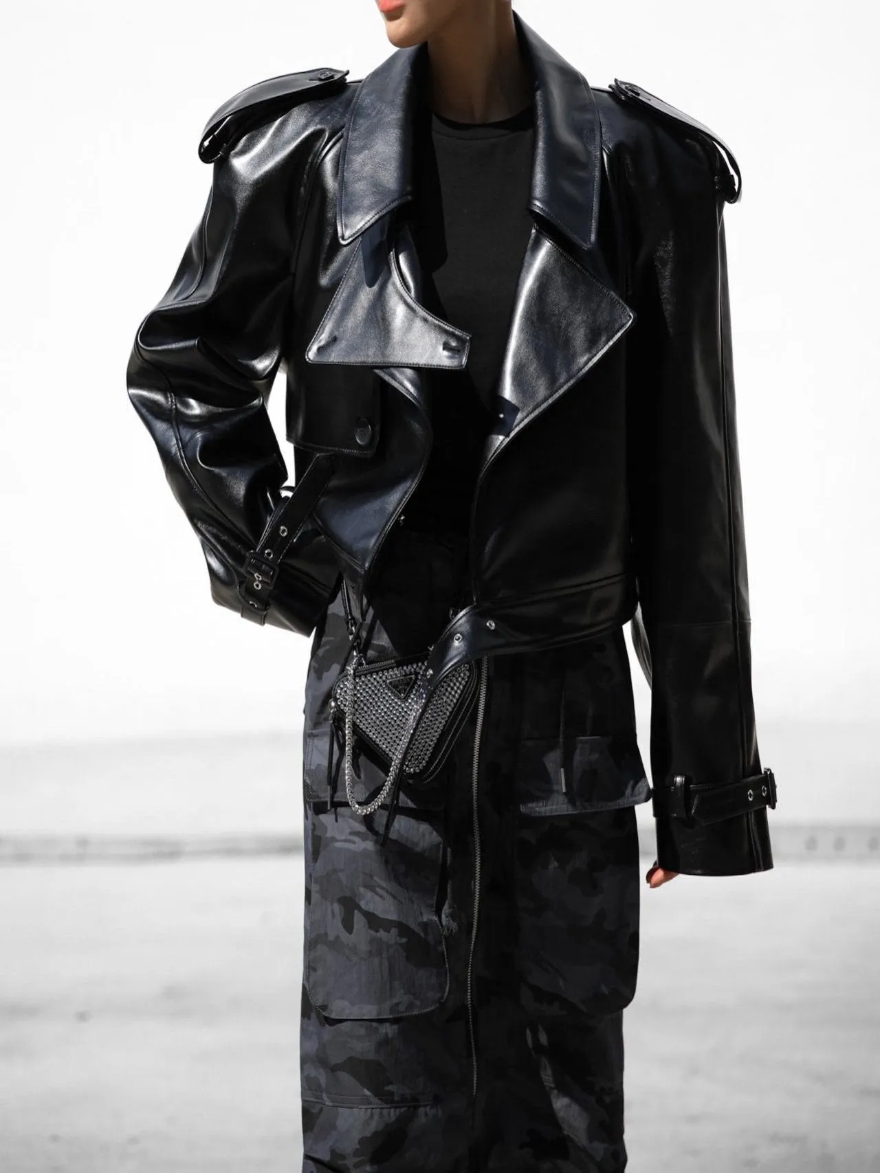 BELTED CHUNKY CROPPED VEGAN LEATHER TRENCH