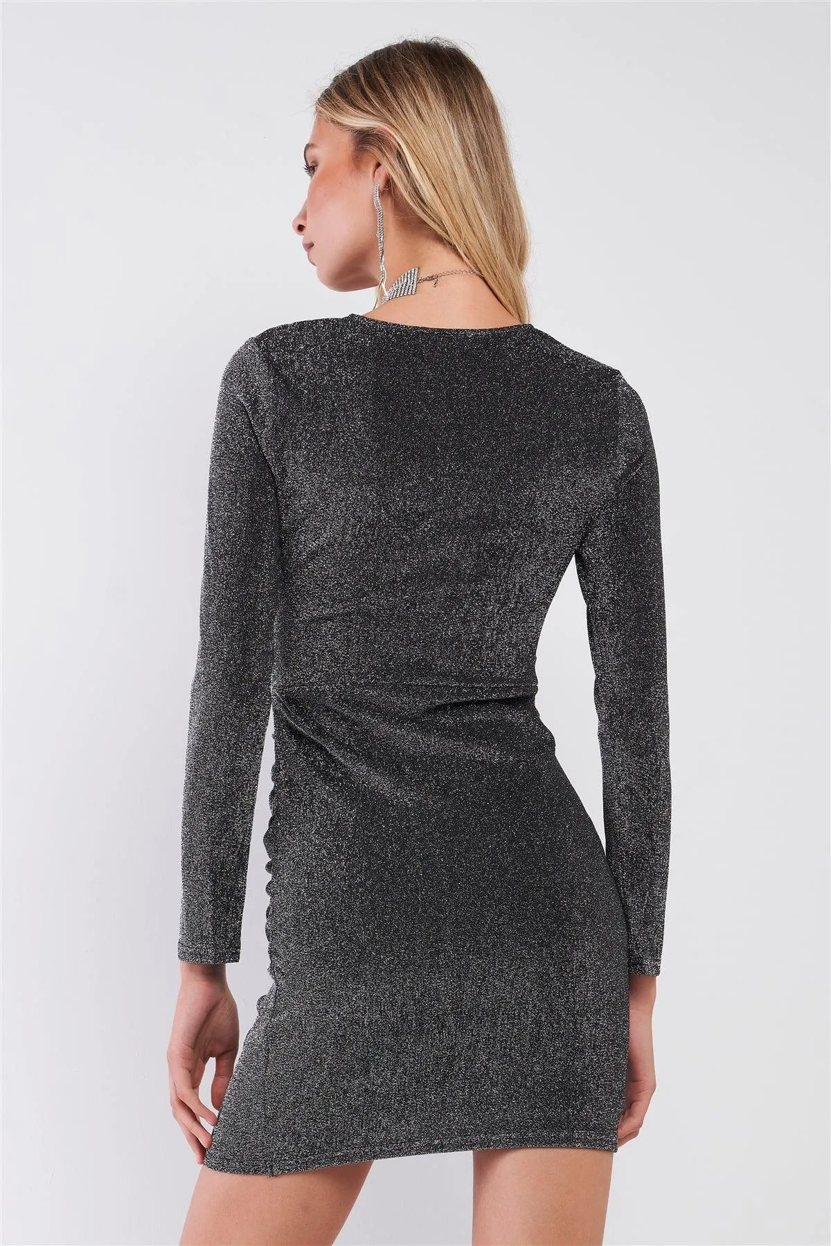 Black & Silver Shiny Wrap Gathered V-Neck Long Sleeve Mini Dress /2-2-2