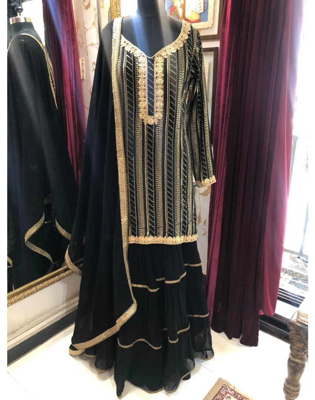 Black Georgette Embroidery Sharara Suit - Rent