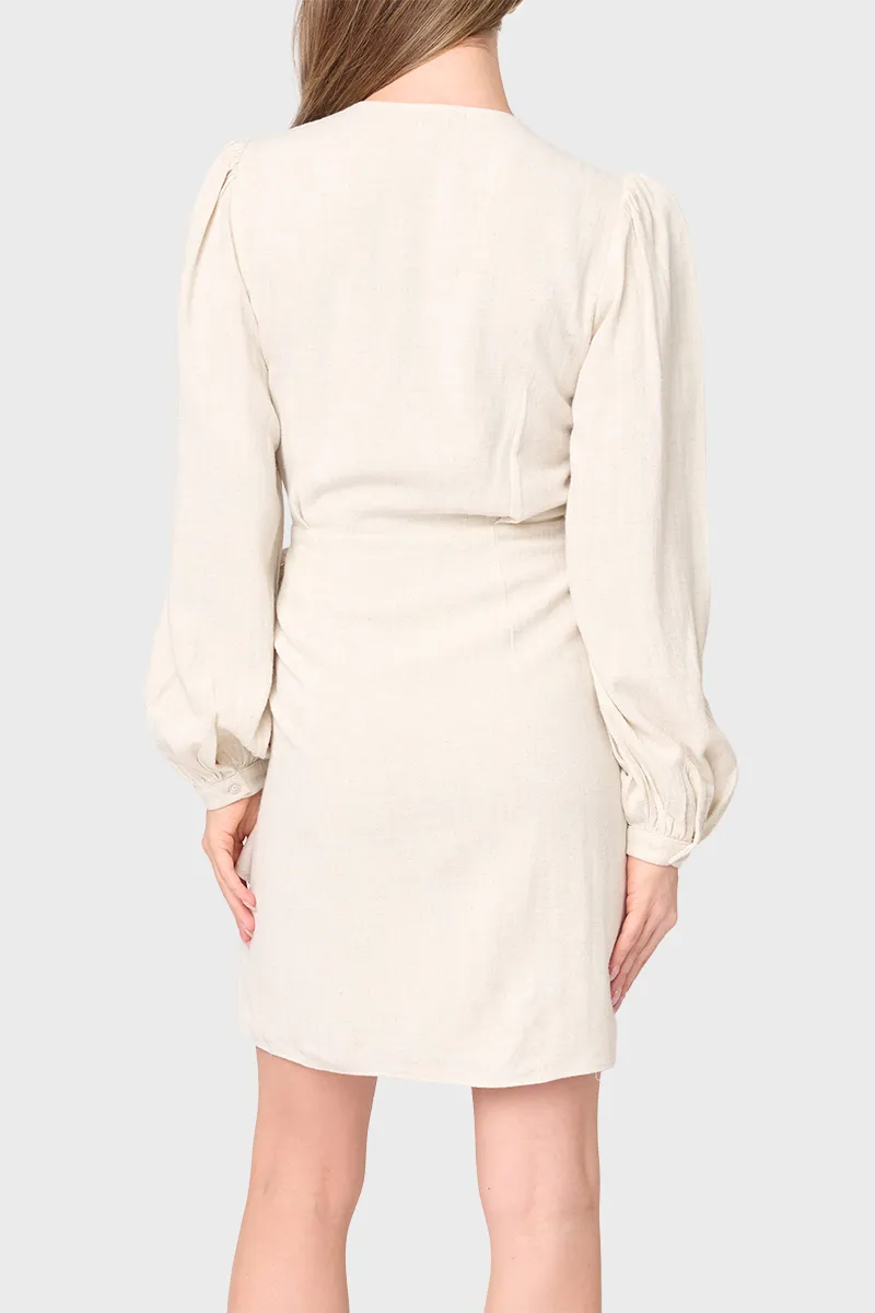 Blouson Sleeve Wrap Linen Dress