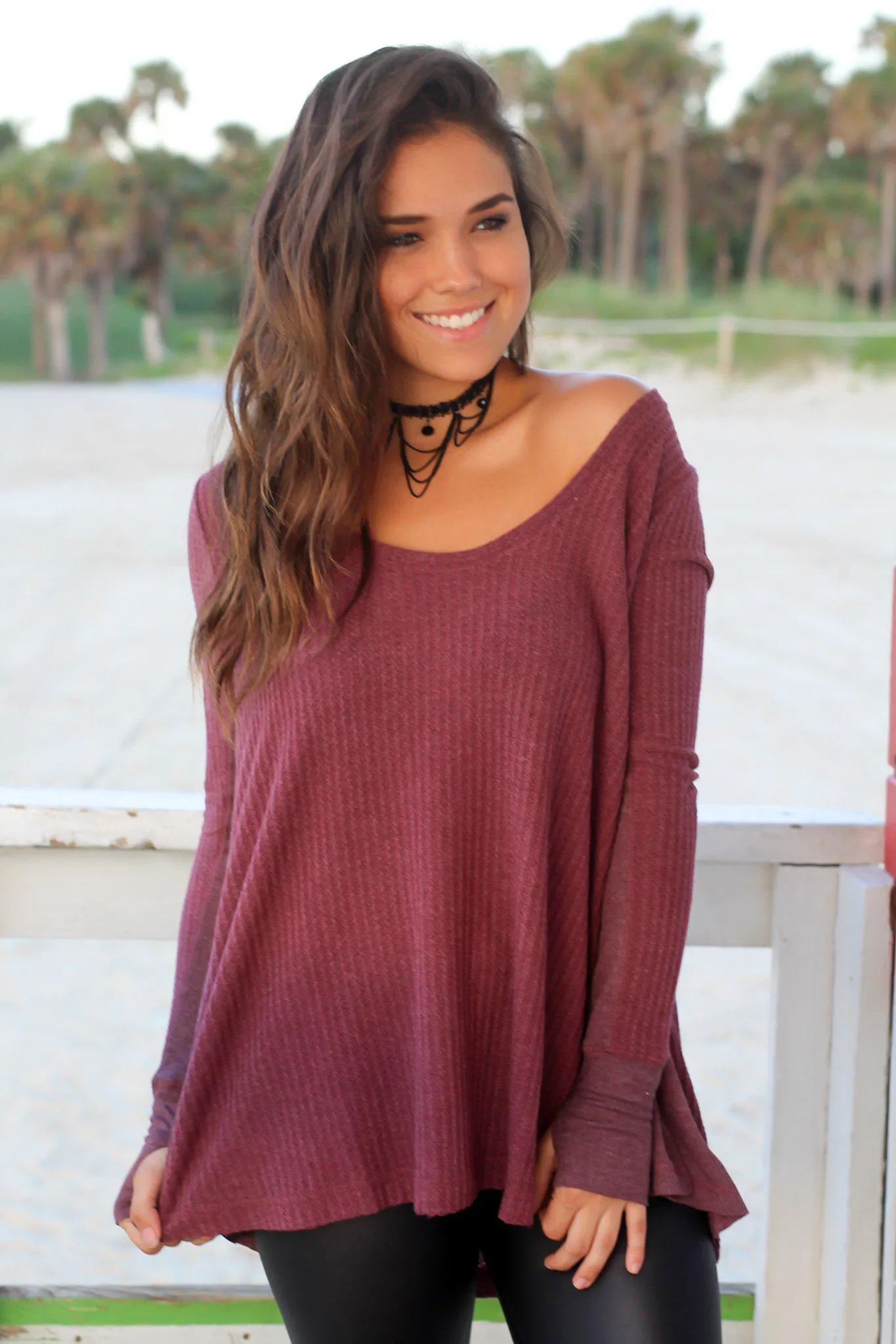 Burgundy Long Sleeve Top with Thumb Holes