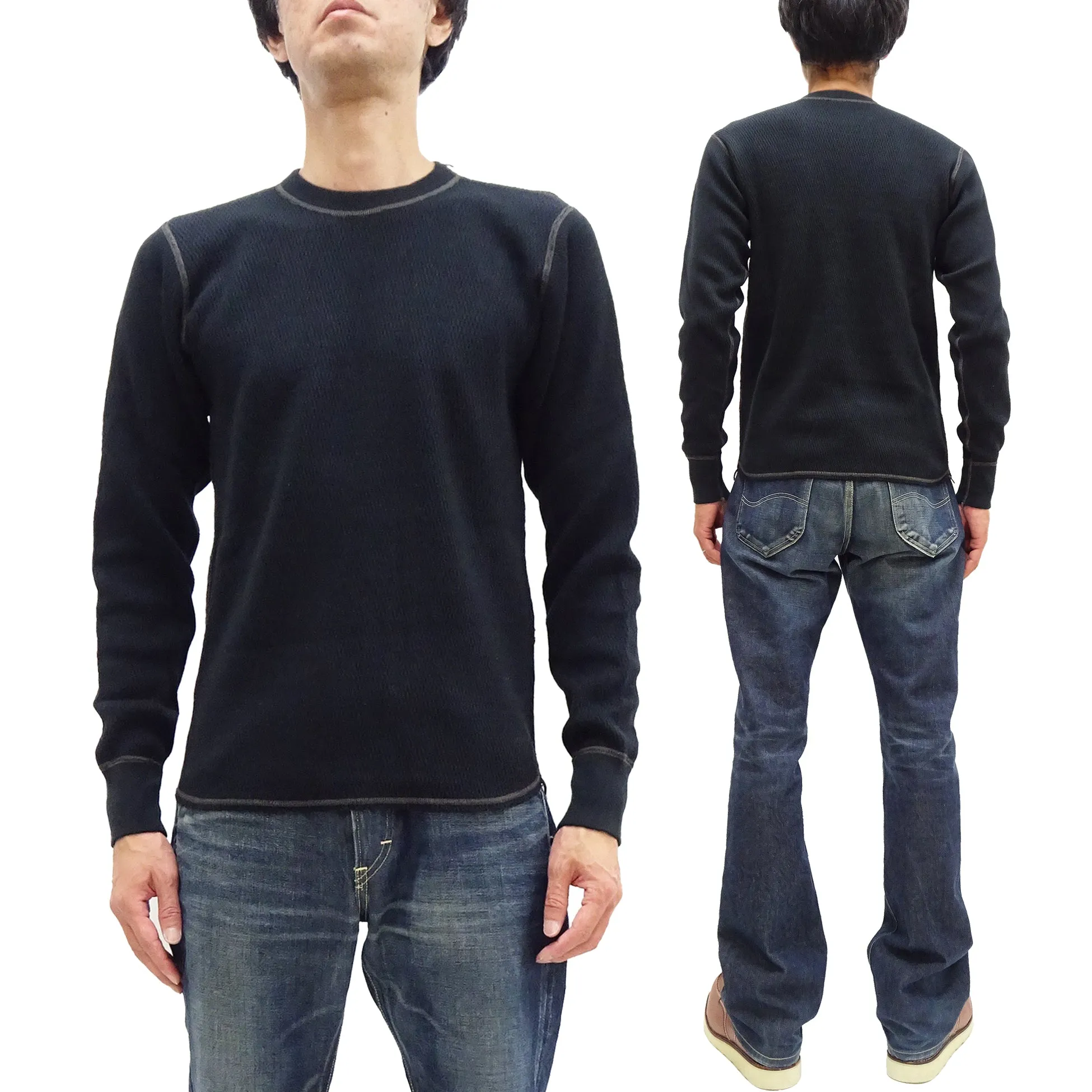 Buzz Rickson Waffle-Knit Thermal T-Shirt Men's Casual Long Sleeve Plain Crew Neck Waffle Tee BR63755 119 Black