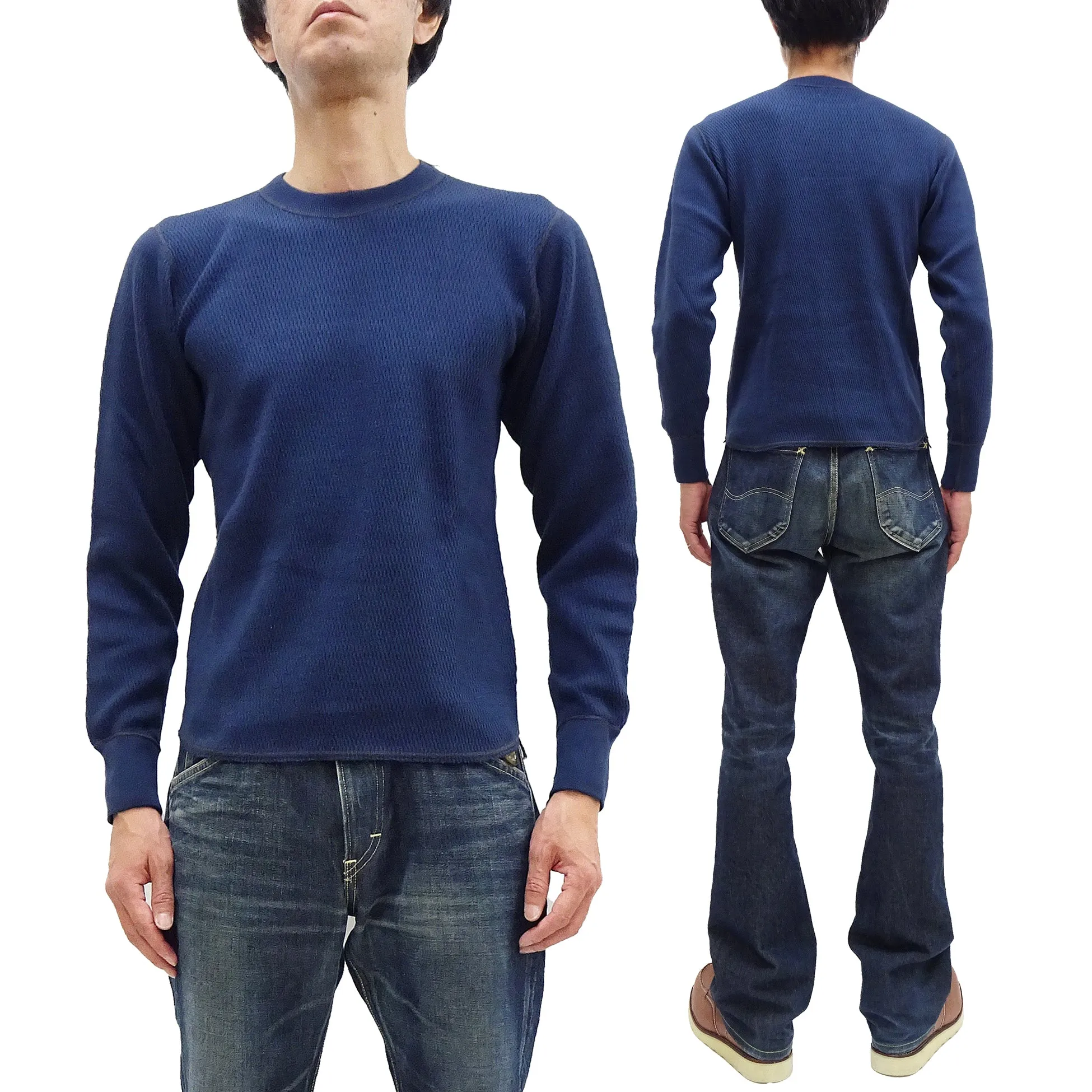 Buzz Rickson Waffle-Knit Thermal T-Shirt Men's Casual Long Sleeve Plain Crew Neck Waffle Tee BR63755 128 Navy-Blue