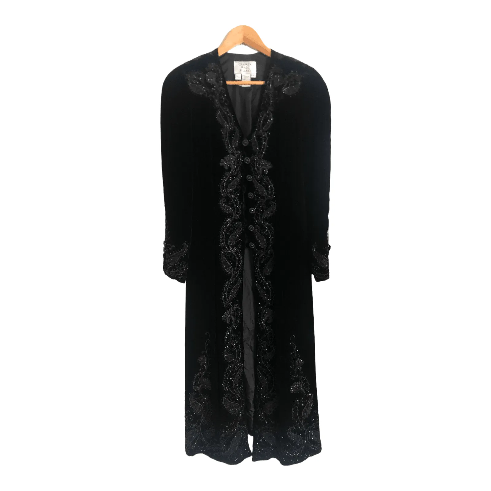 Carmen Marc Valvo Silk Velvet Long Sleeved Maxi Dress Coat Black Embroidered Embellished UK Size 10