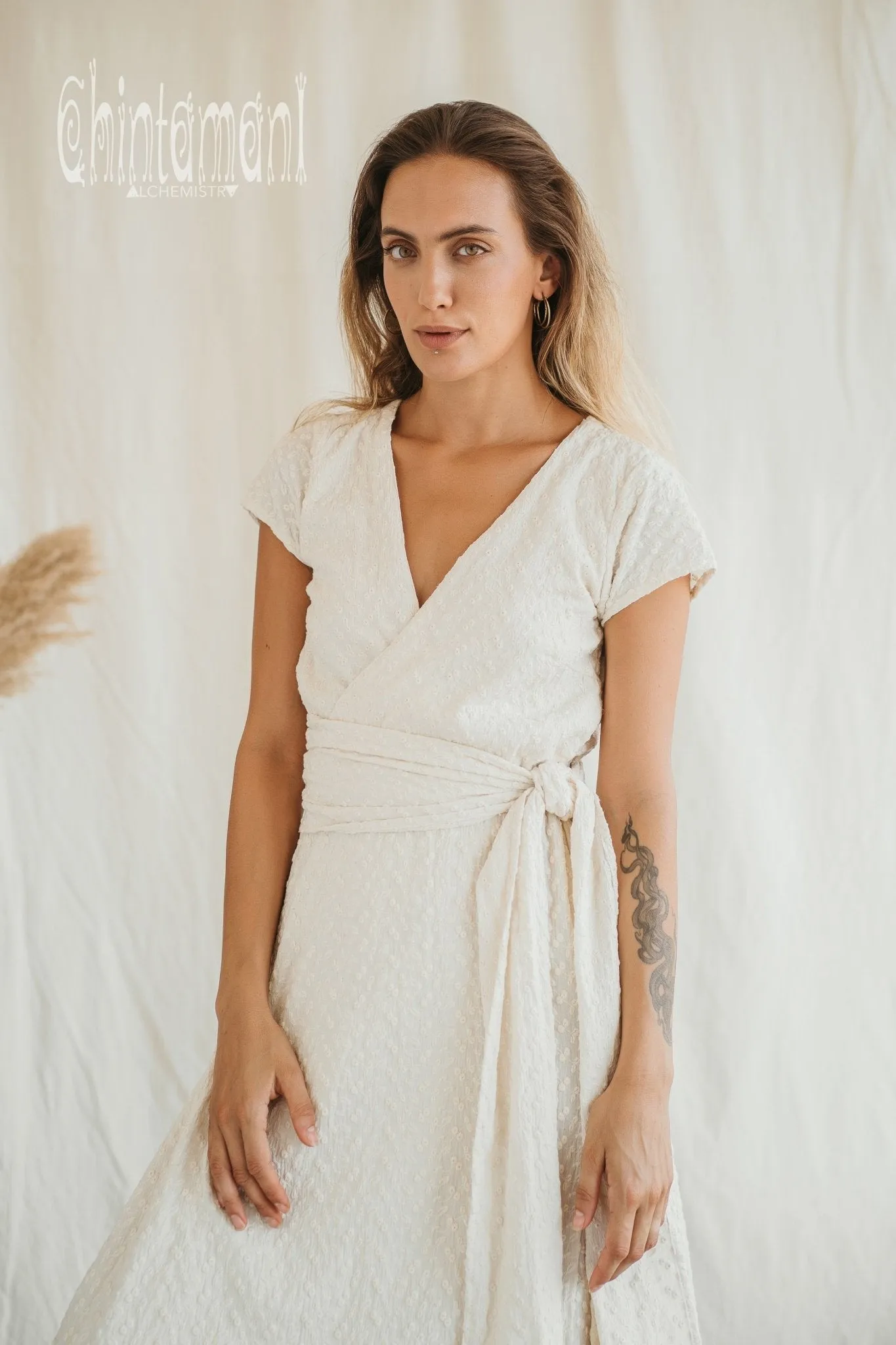 Certified Organic Cotton Wrap Dress with Flower Eyelets / Off White