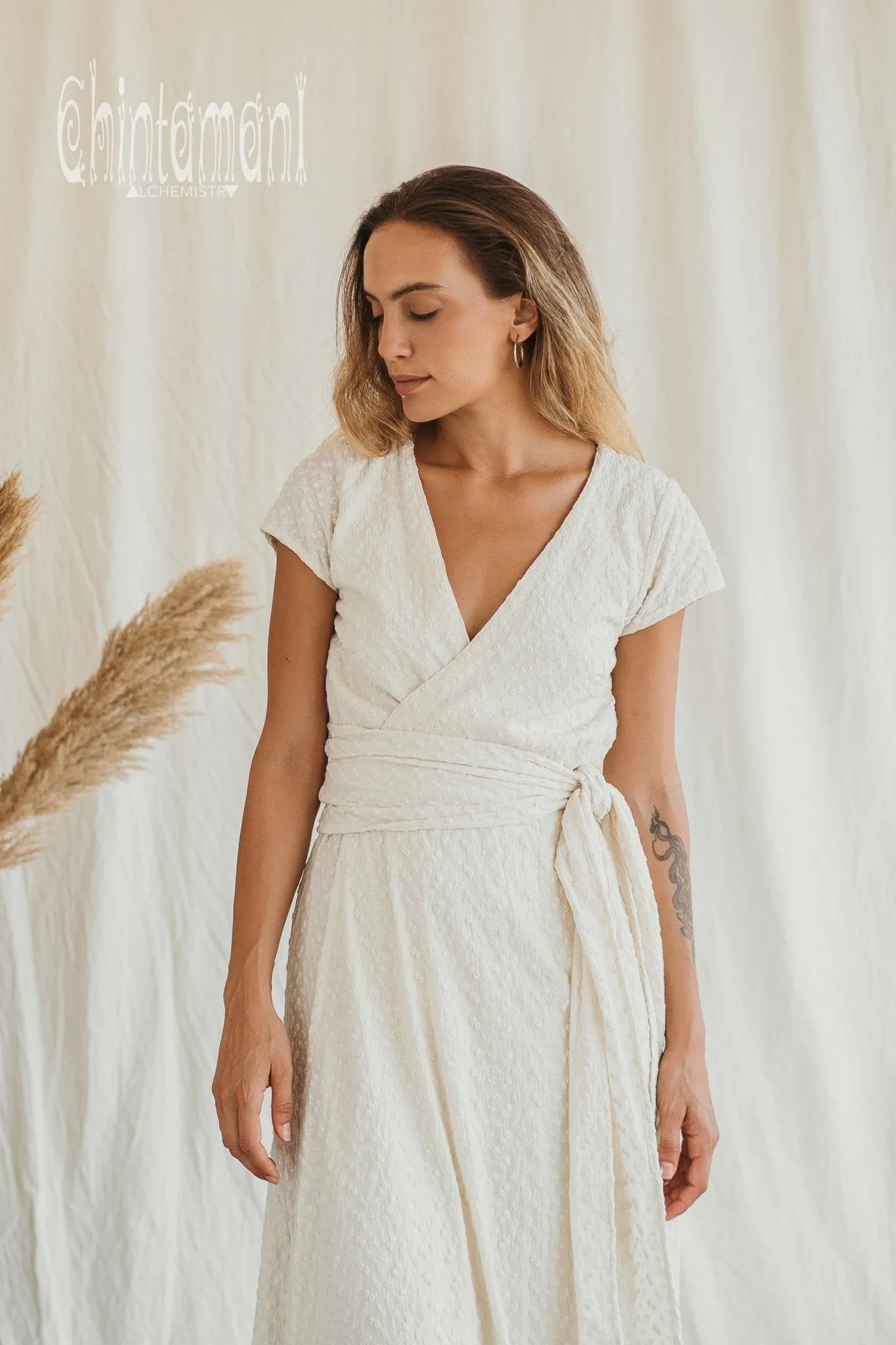 Certified Organic Cotton Wrap Dress with Flower Eyelets / Off White