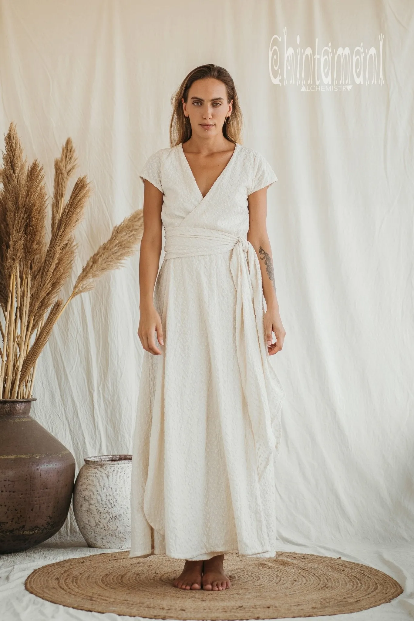 Certified Organic Cotton Wrap Dress with Flower Eyelets / Off White