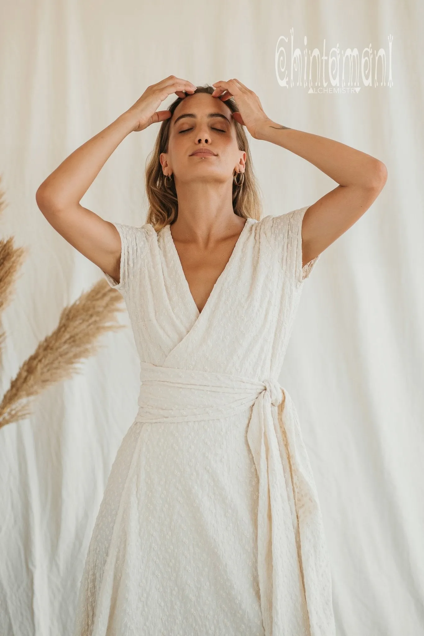 Certified Organic Cotton Wrap Dress with Flower Eyelets / Off White