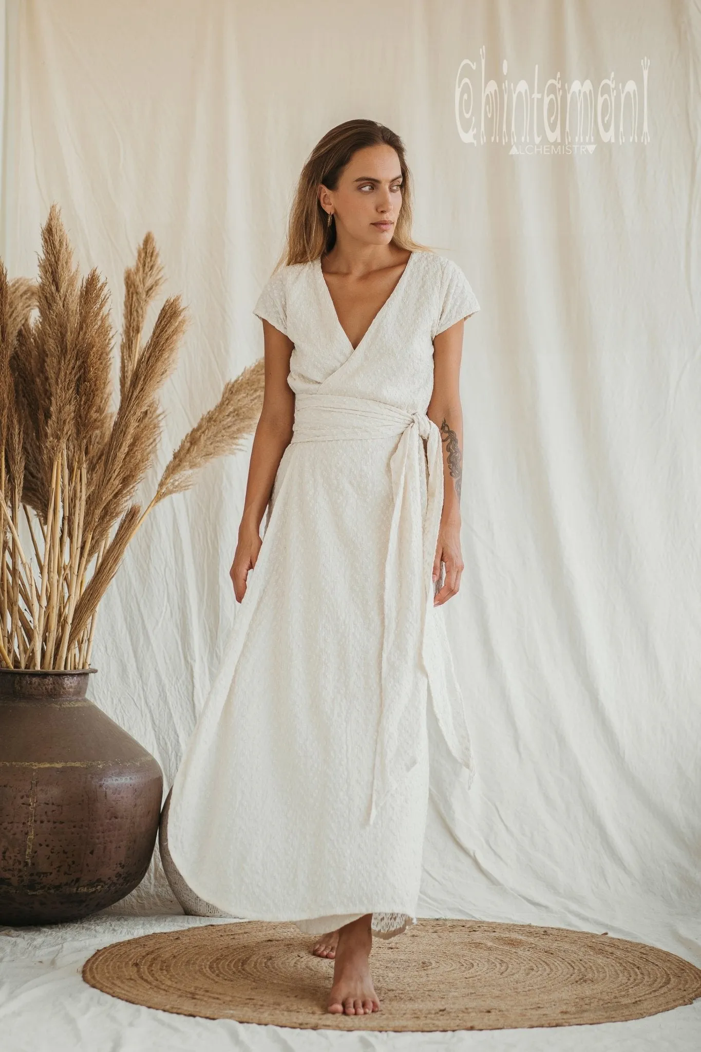 Certified Organic Cotton Wrap Dress with Flower Eyelets / Off White