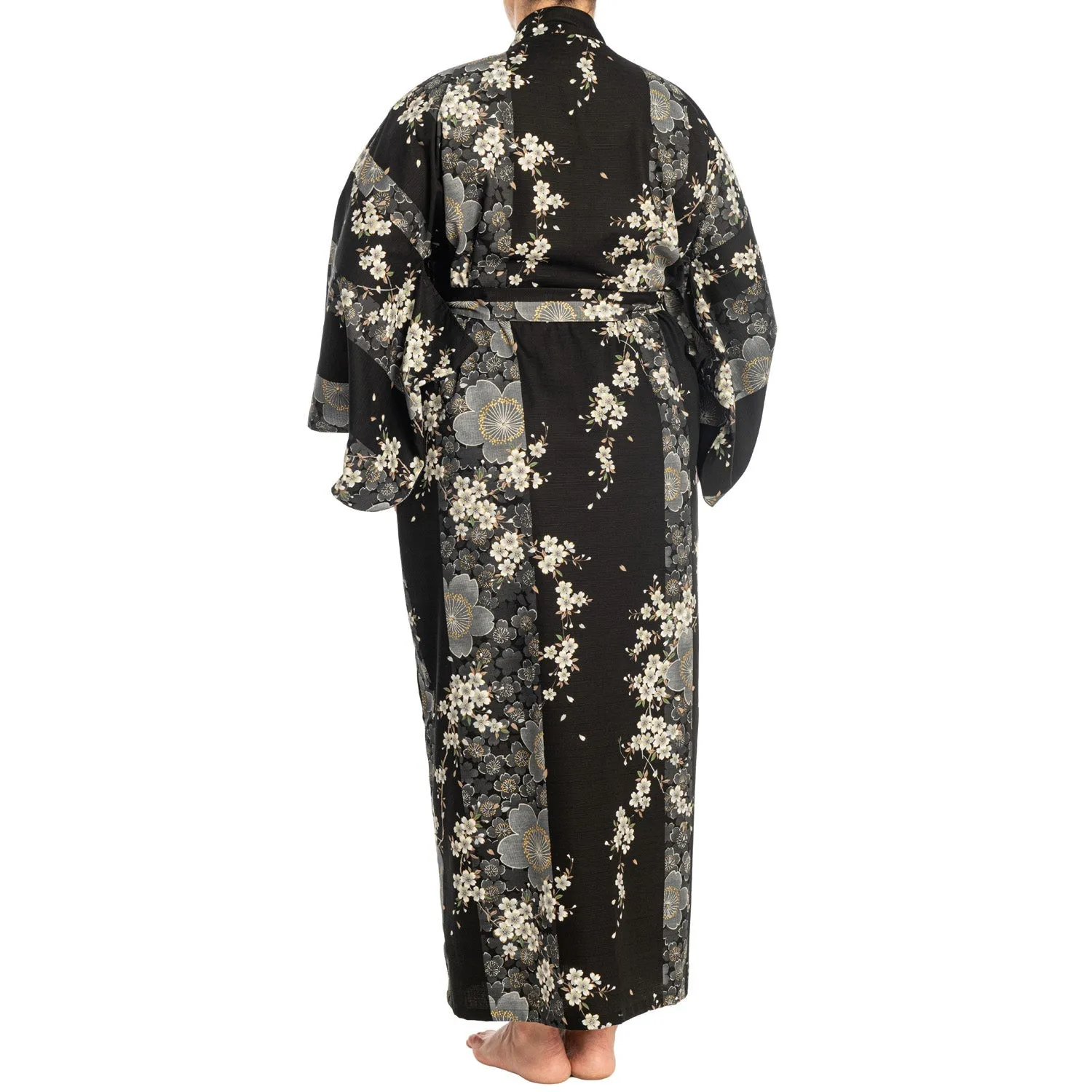 Cherry Blossom Print Long Black Yukata XL