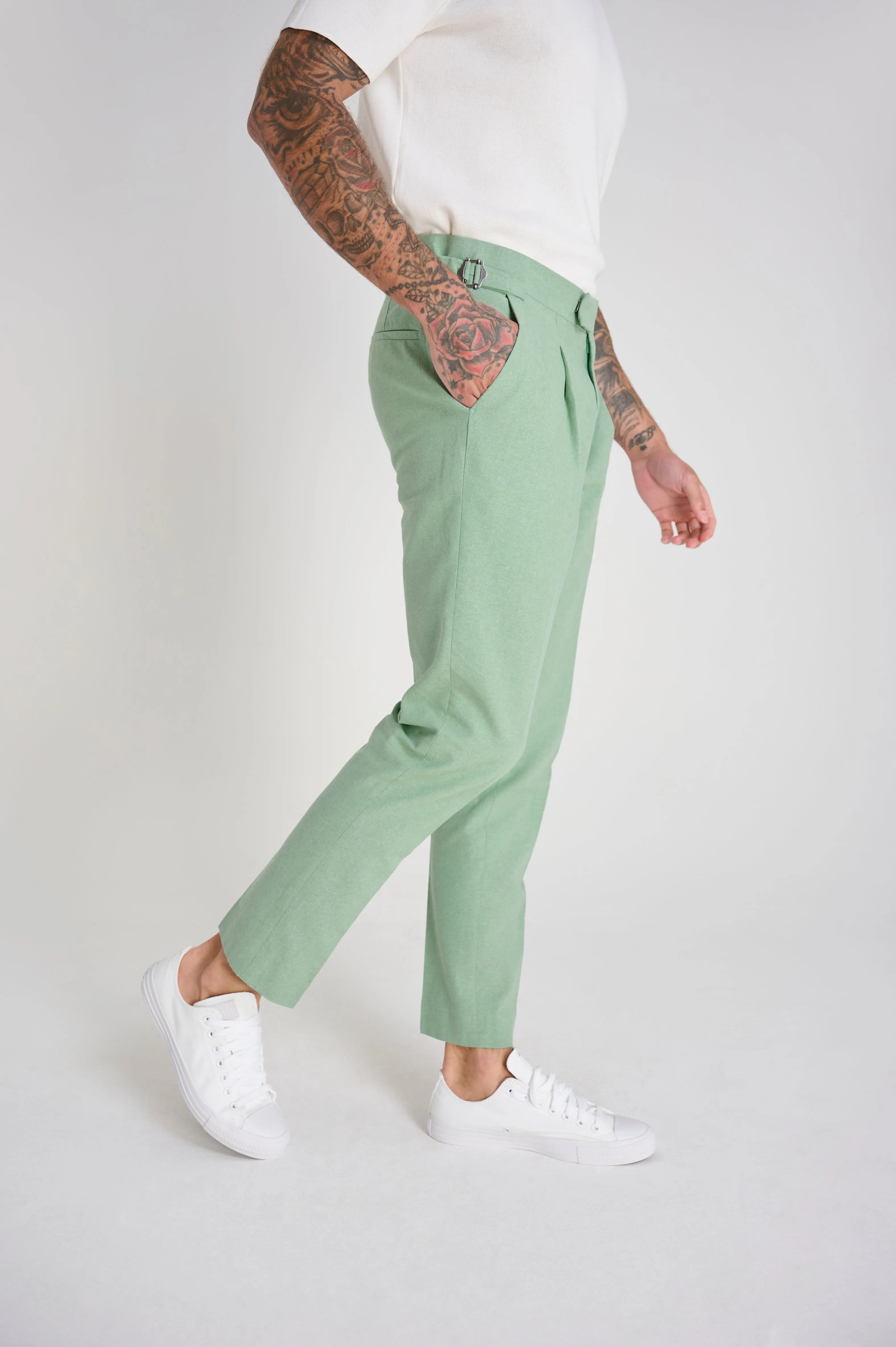 Chris Slim Fit Linen Cotton Blend Suit Smart Trousers in Pastel Green