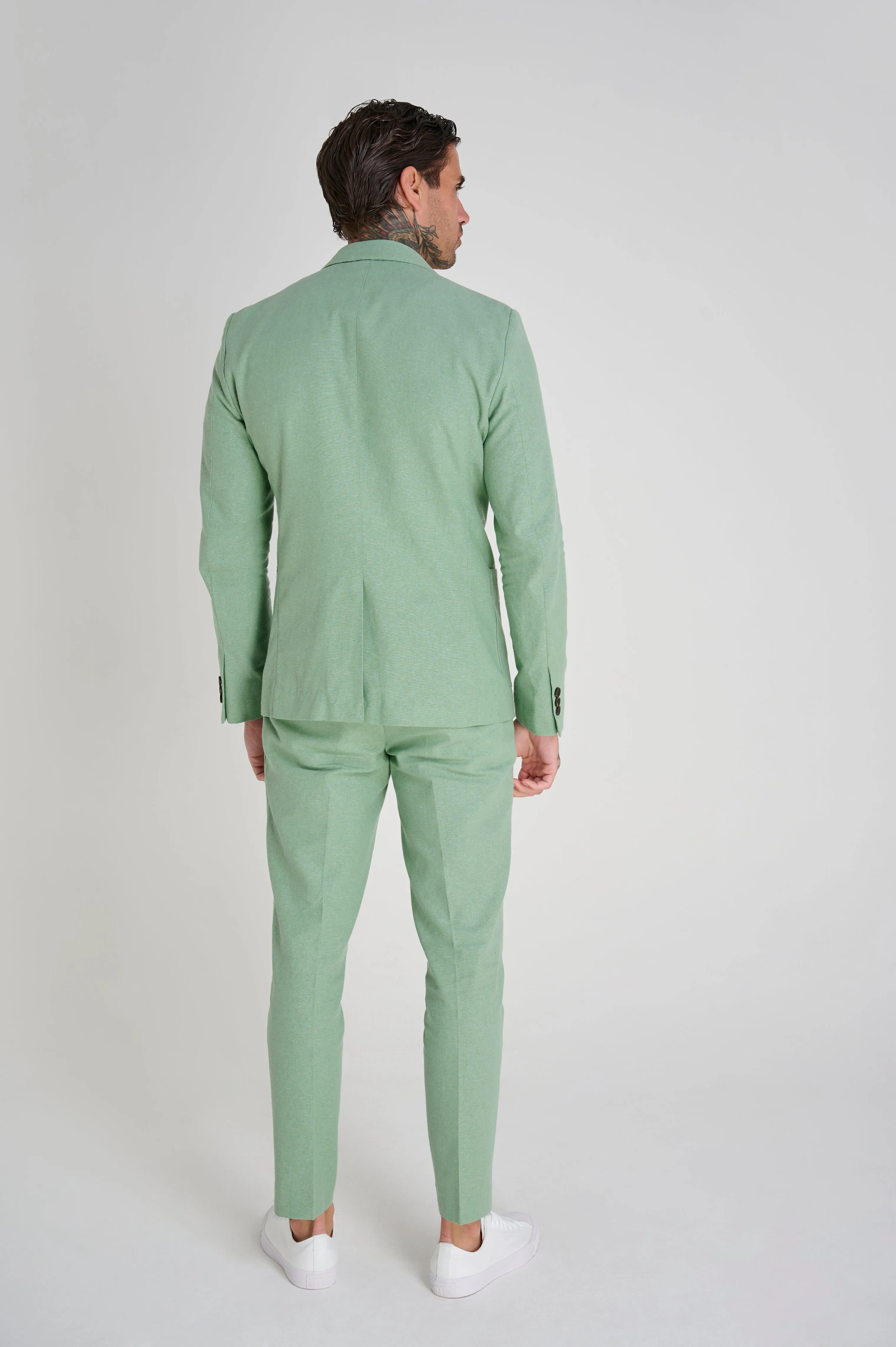 Chris Slim Fit Linen Cotton Blend Suit Smart Trousers in Pastel Green