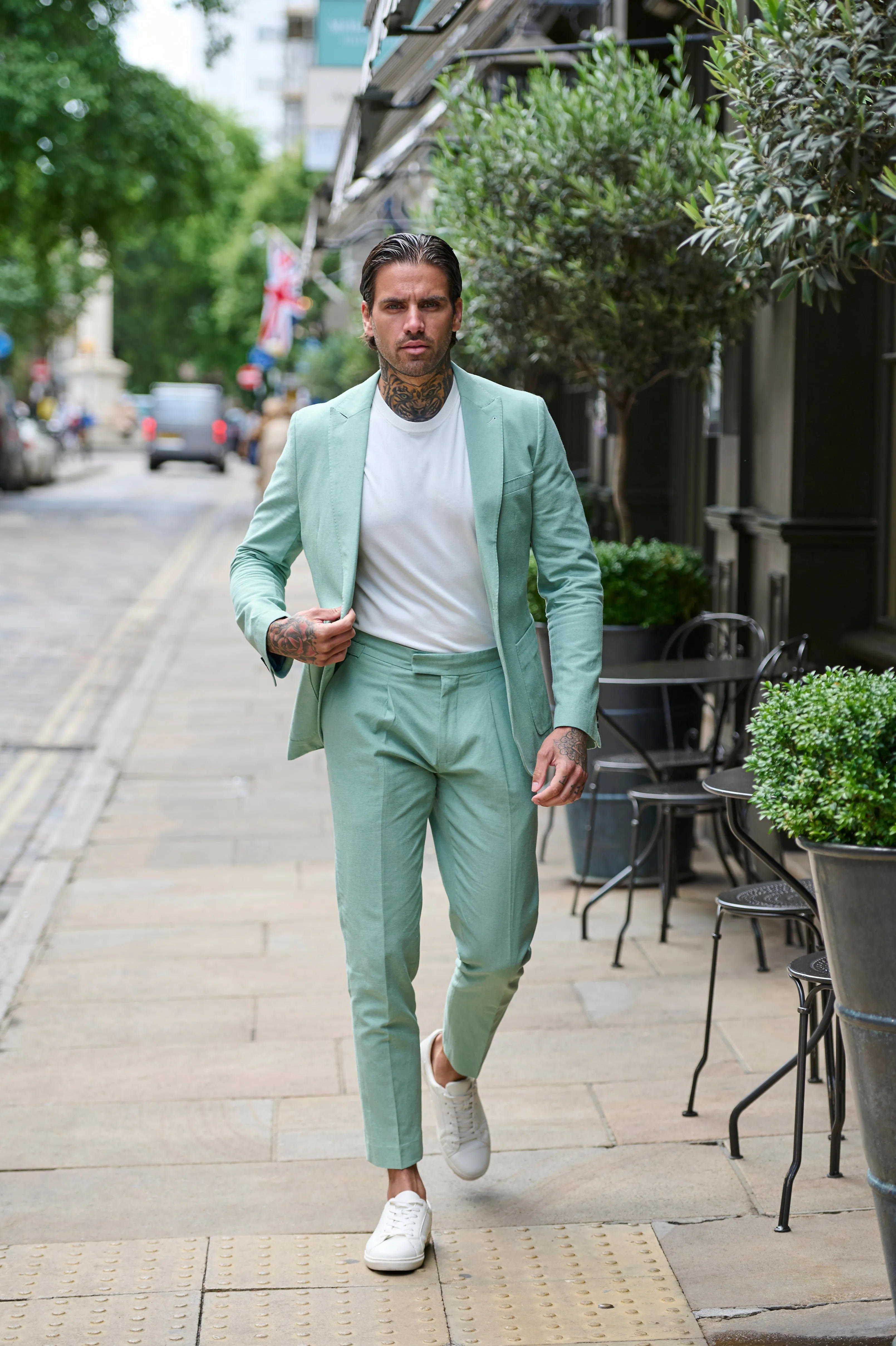 Chris Slim Fit Linen Cotton Blend Suit Smart Trousers in Pastel Green