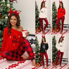 Christmas Pajamas Matching Family Pyjamas  Two pieces Women Pajama Sets Long sleeve Loose T shirt Top  Plaid Pants Suit