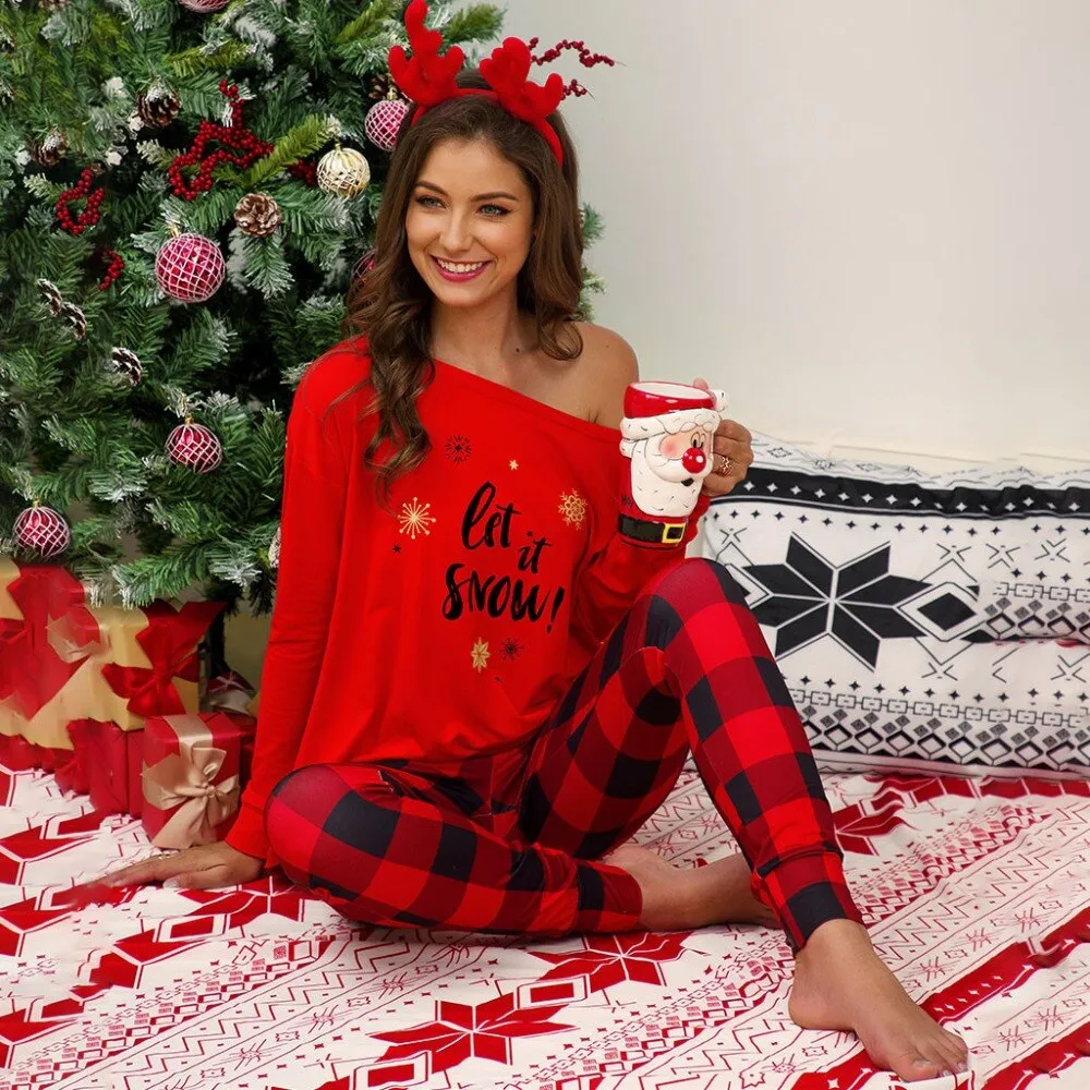 Christmas Pajamas Matching Family Pyjamas  Two pieces Women Pajama Sets Long sleeve Loose T shirt Top  Plaid Pants Suit