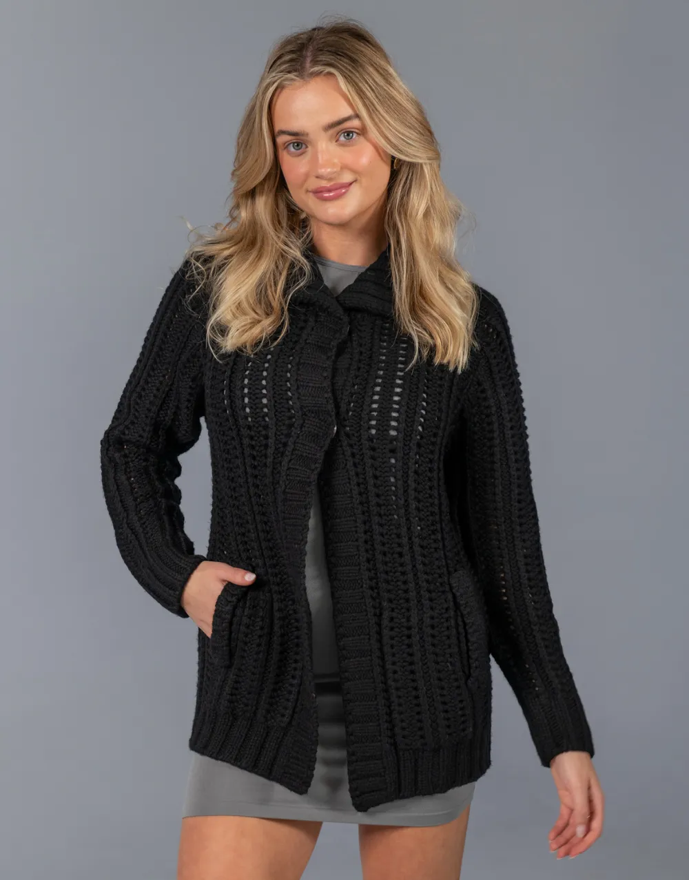 Chunky Knit Coatigan with Collar in Black