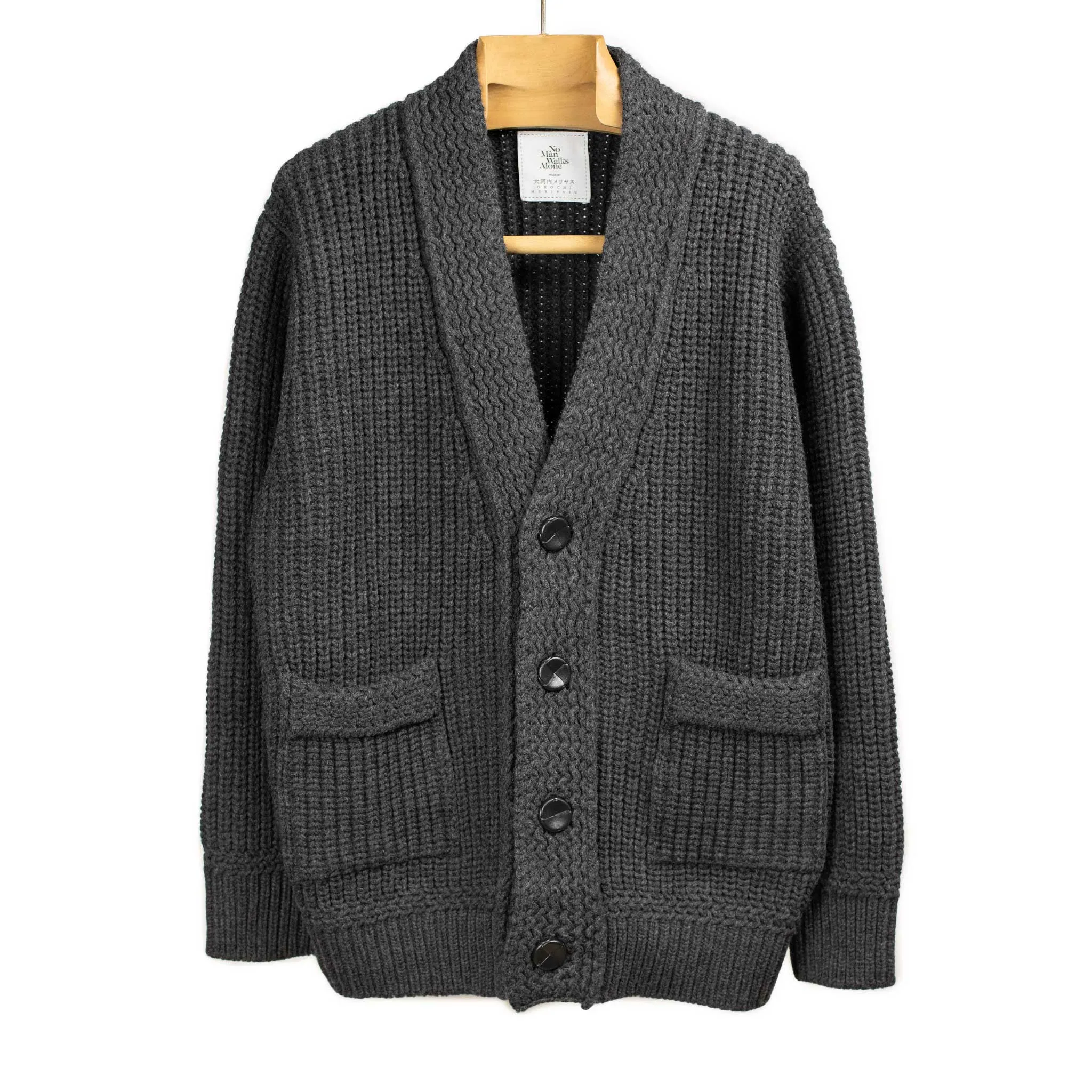 Chunky ribbed cardigan in mid-grey French Merino wool