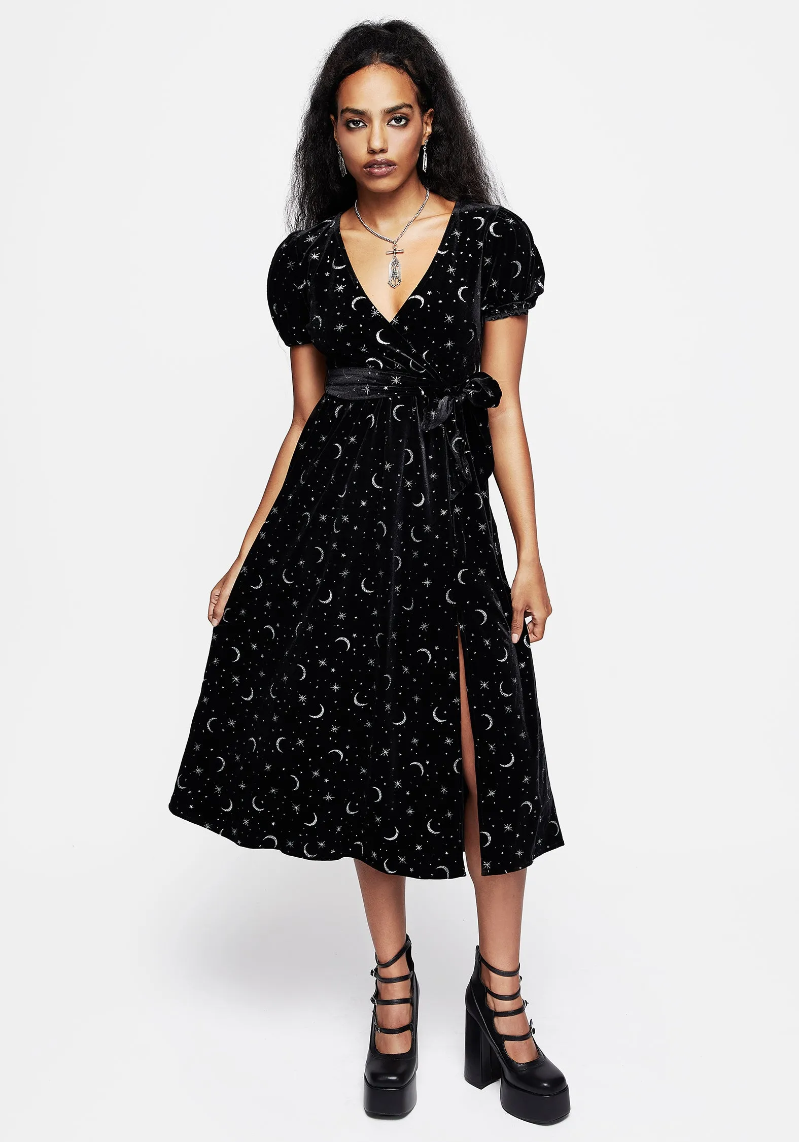 Constellation Glitter Print Velour Midi Wrap Dress