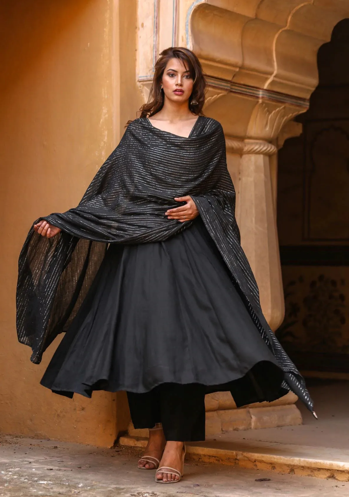 Cotton Rayon Black Solid Anarkali Set