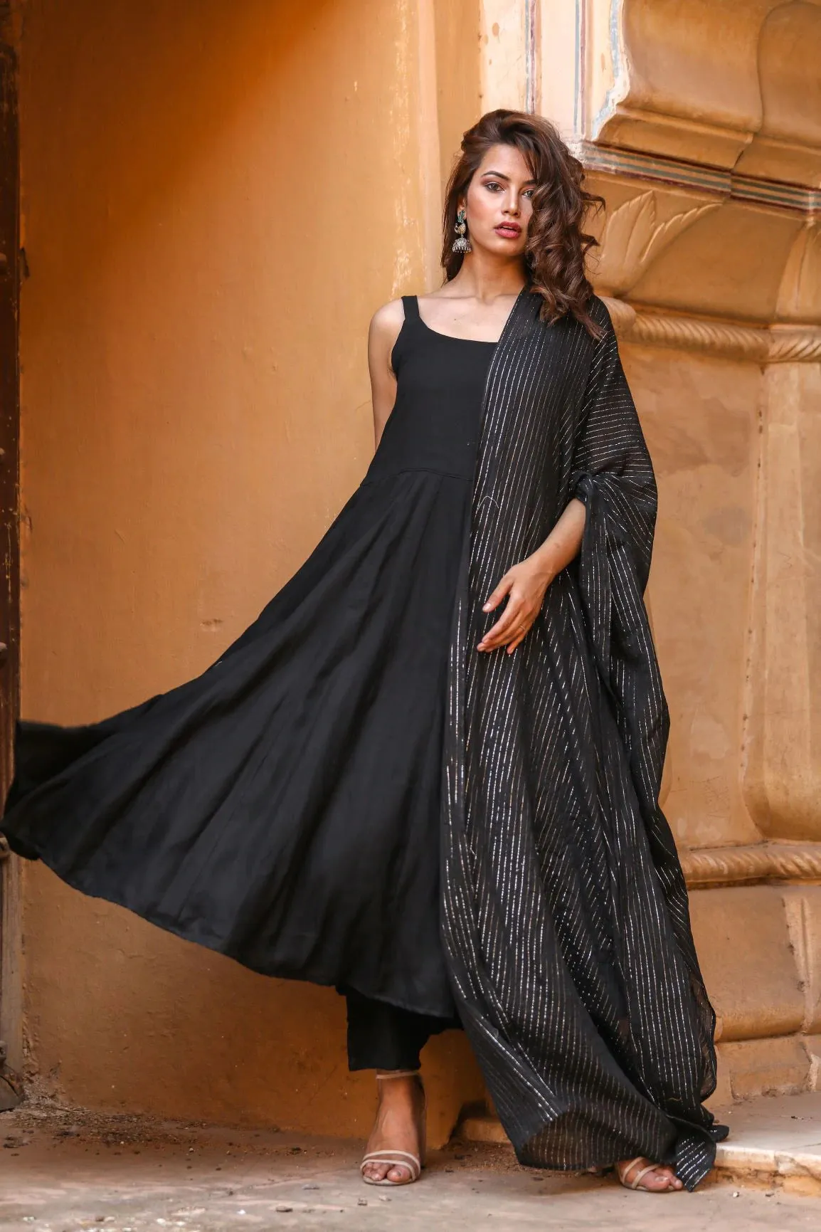 Cotton Rayon Black Solid Anarkali Set