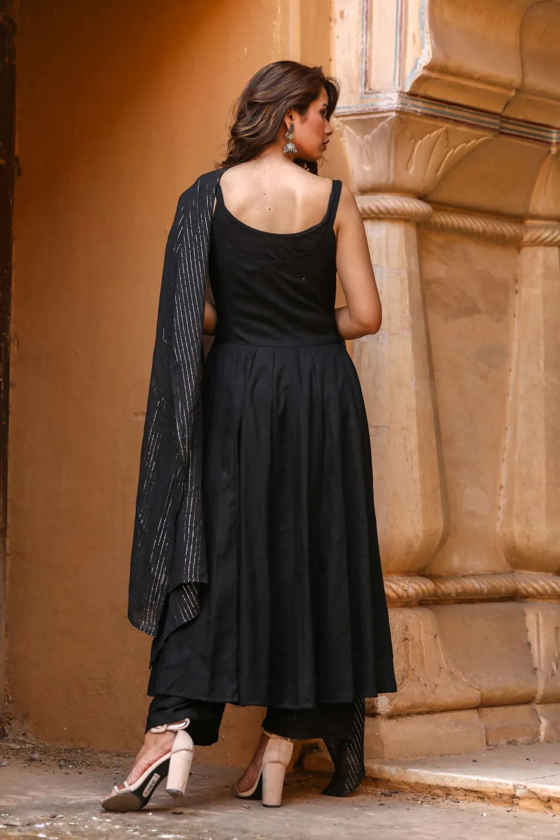 Cotton Rayon Black Solid Anarkali Set