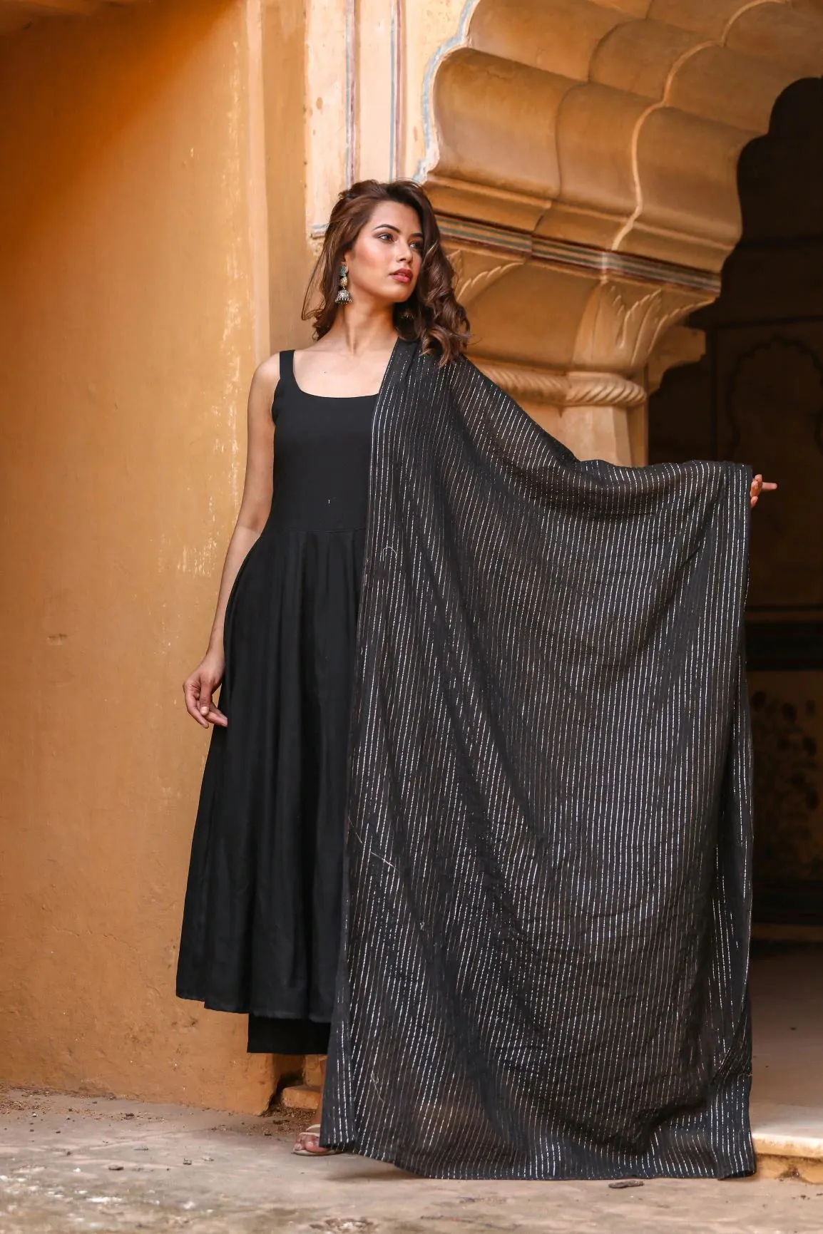 Cotton Rayon Black Solid Anarkali Set