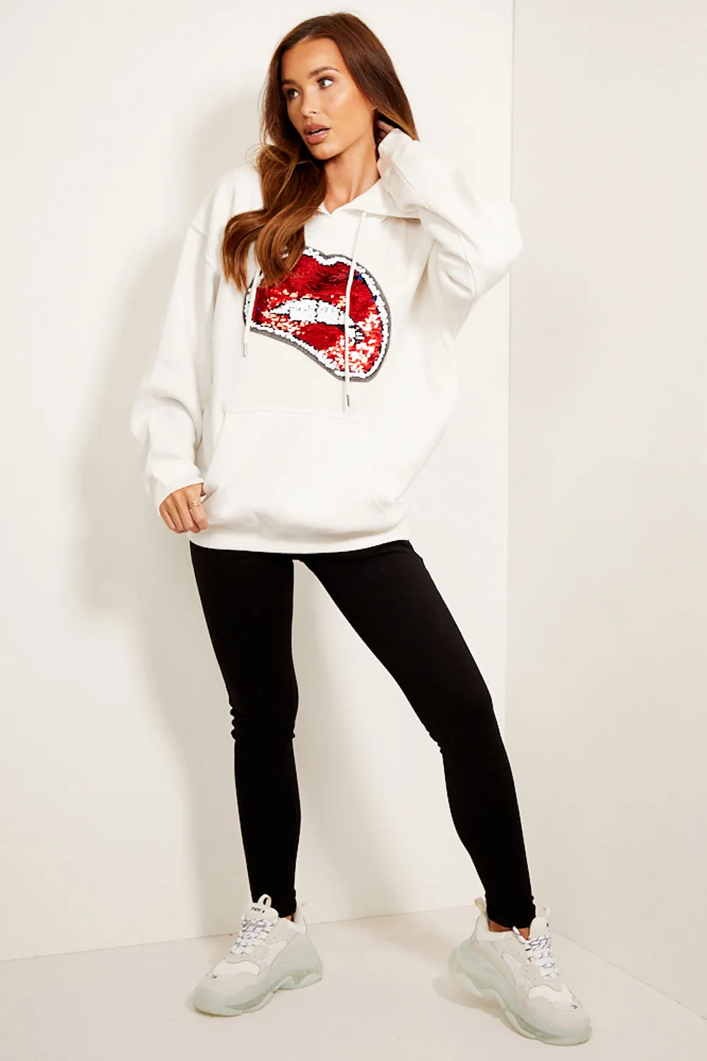 Cream Sequin Lips Hoodie