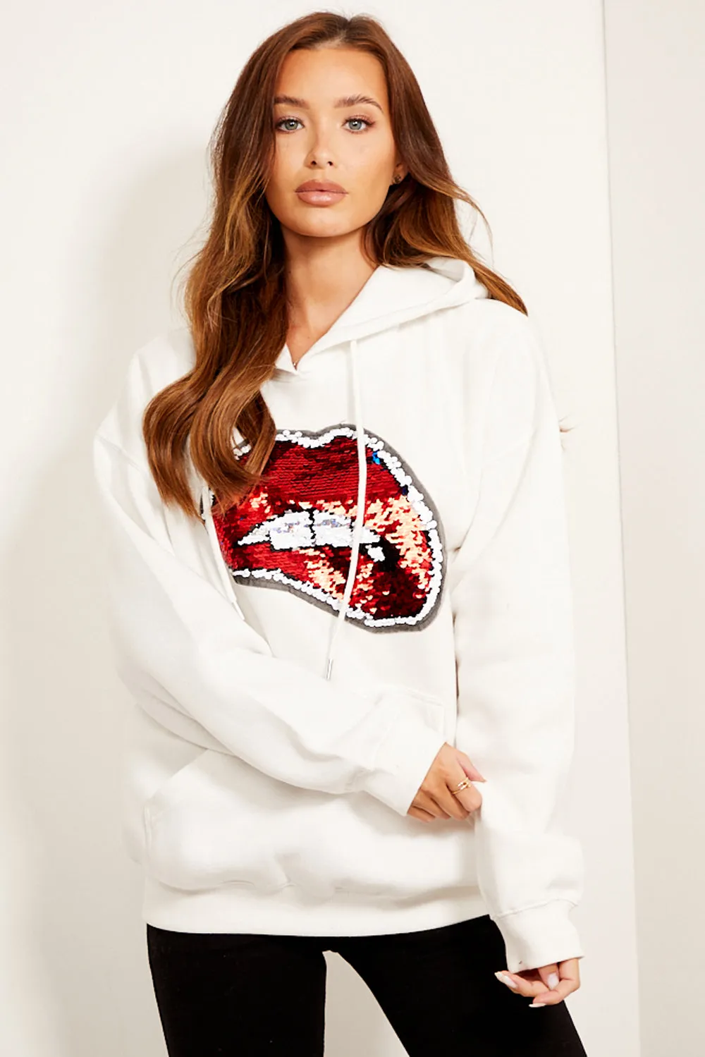 Cream Sequin Lips Hoodie