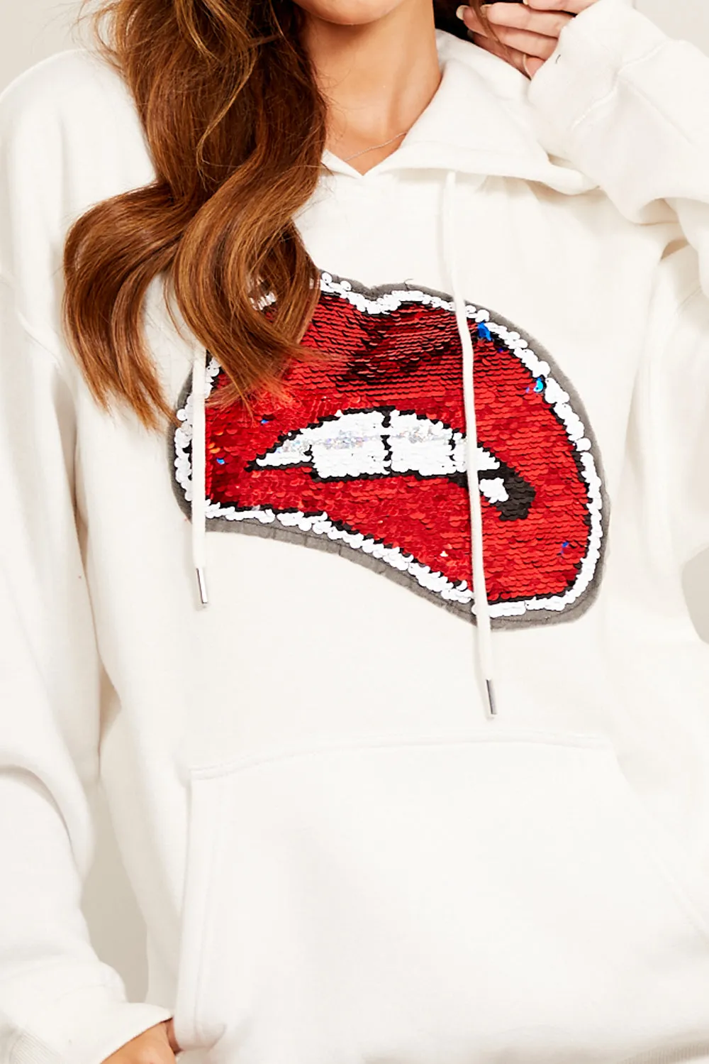 Cream Sequin Lips Hoodie