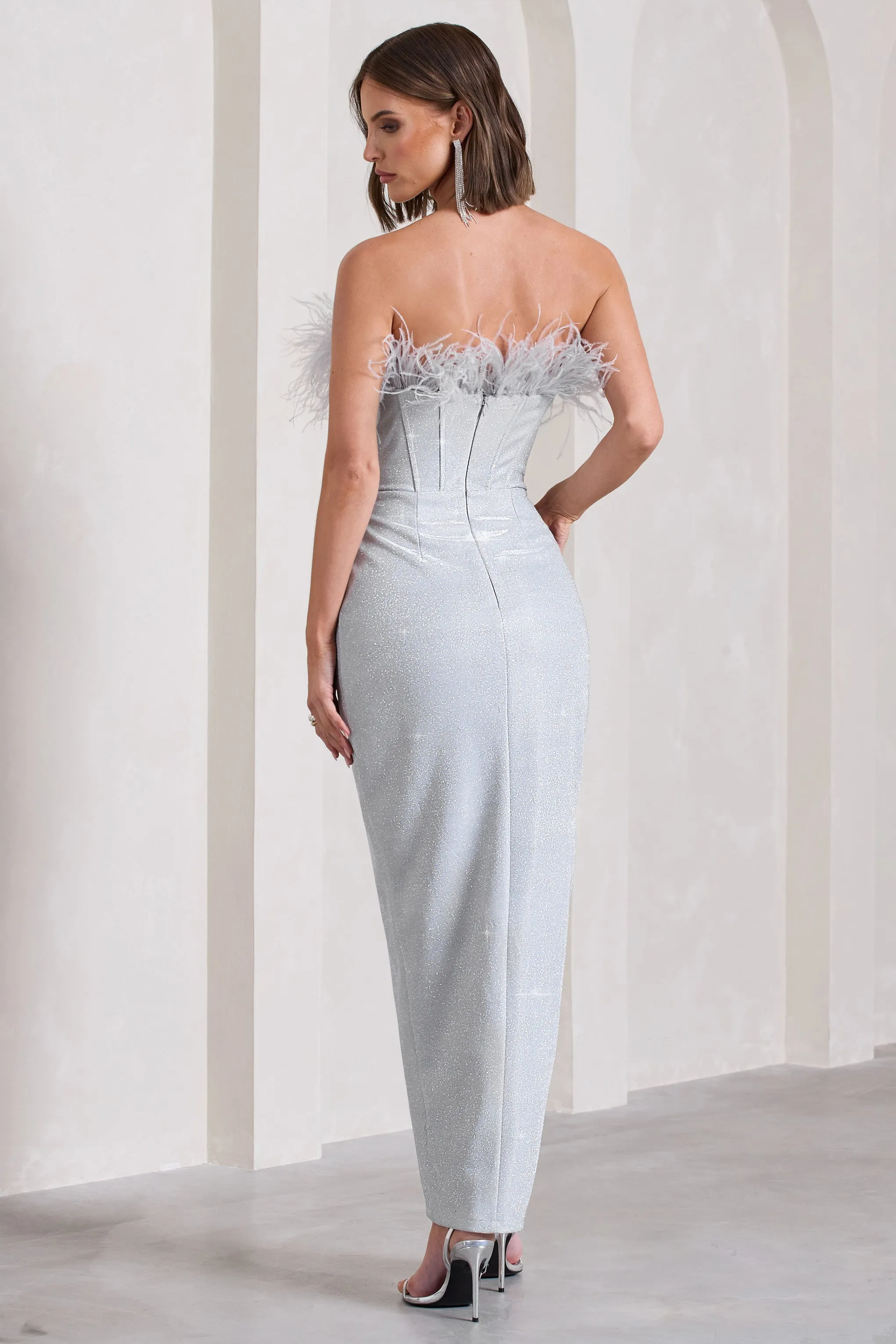 Crystal | Silver Metallic Bandeau Corset Maxi Dress With Feather Trims