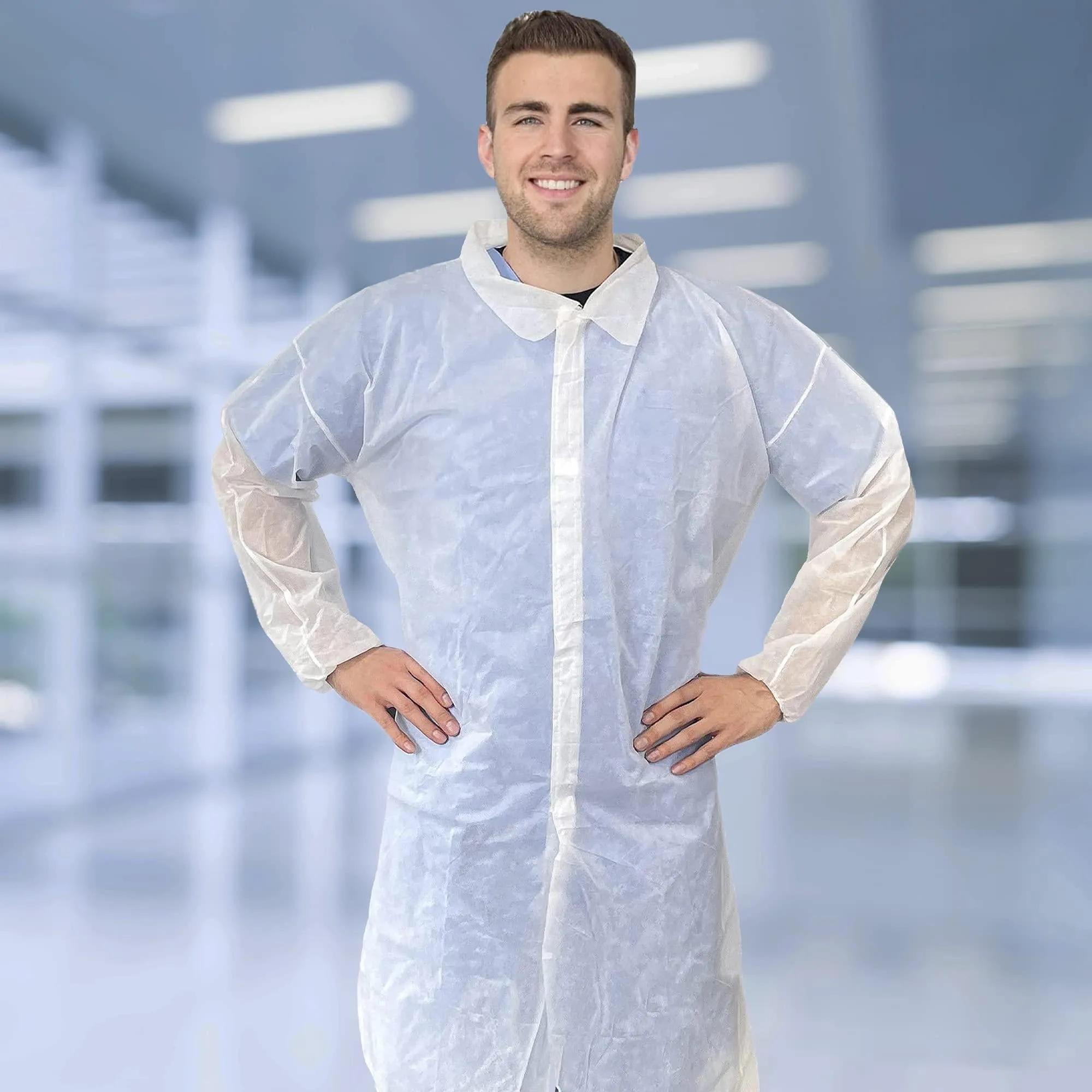 Disposable Lab Coat Large Size 35 GSM PP White Lab Jacket for Adults 1 Pack