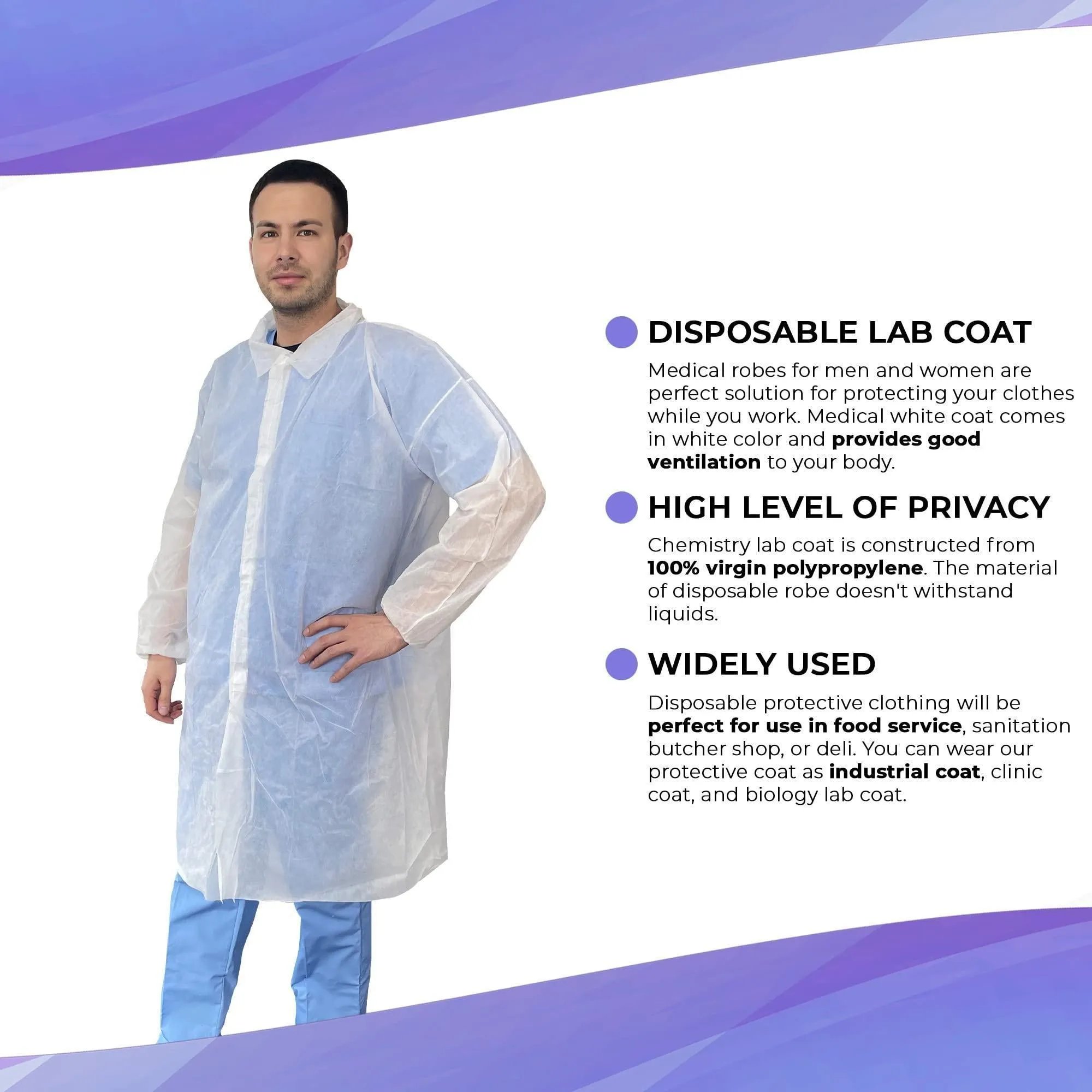 Disposable Lab Coat Large Size 35 GSM PP White Lab Jacket for Adults 1 Pack