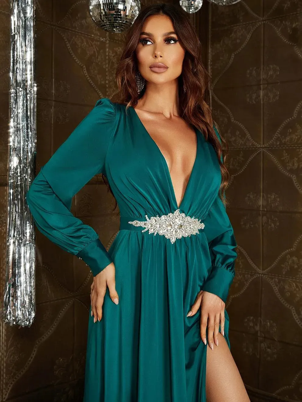 Elegant Plunging Neck Long Sleeves Slit Dresses