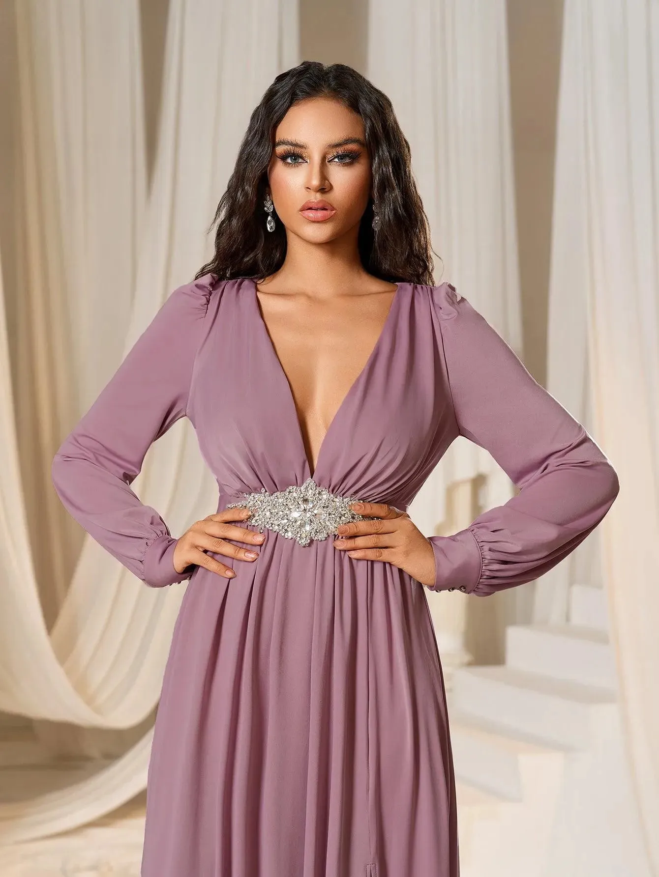 Elegant Plunging Neck Long Sleeves Slit Dresses