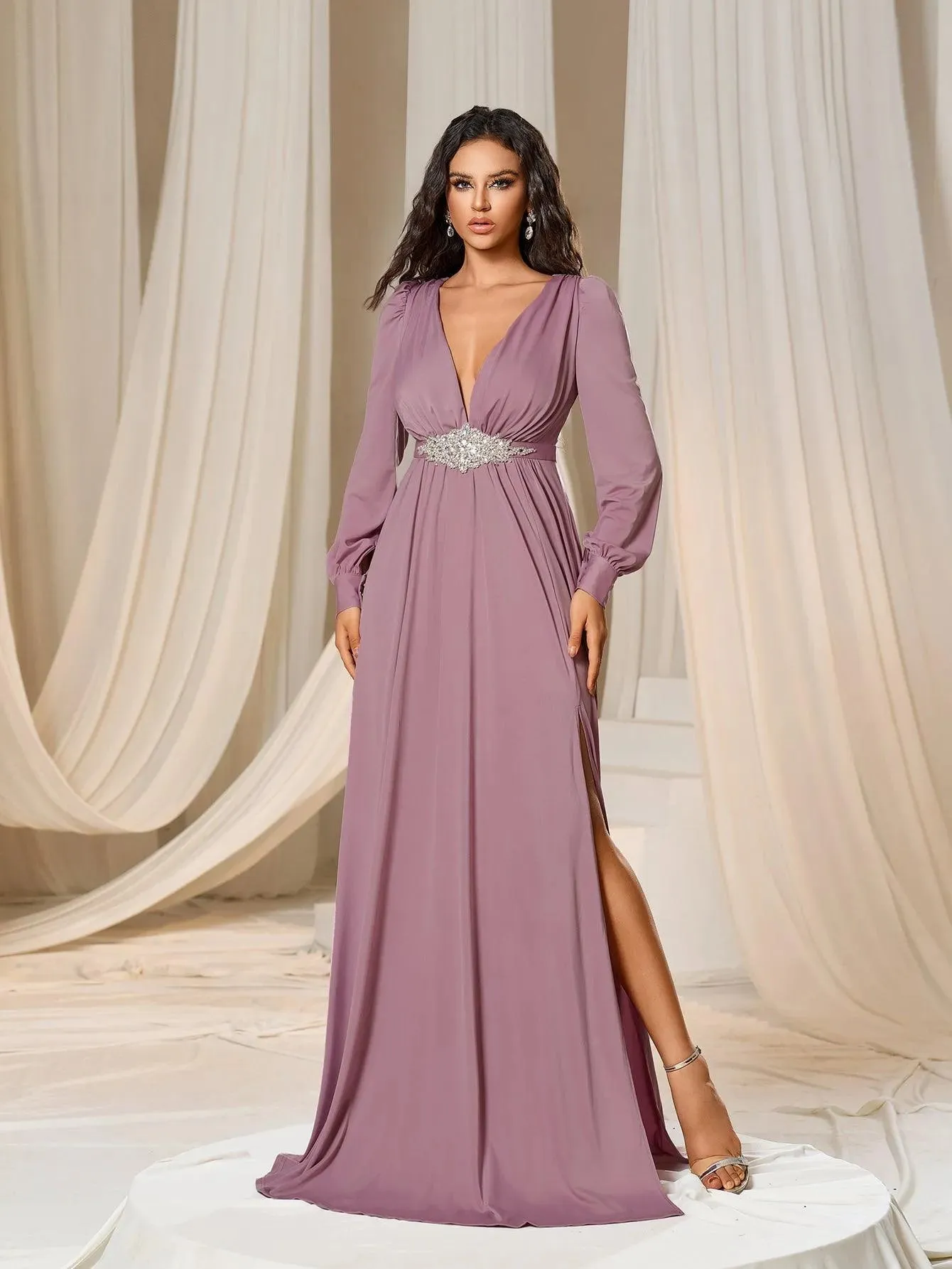 Elegant Plunging Neck Long Sleeves Slit Dresses